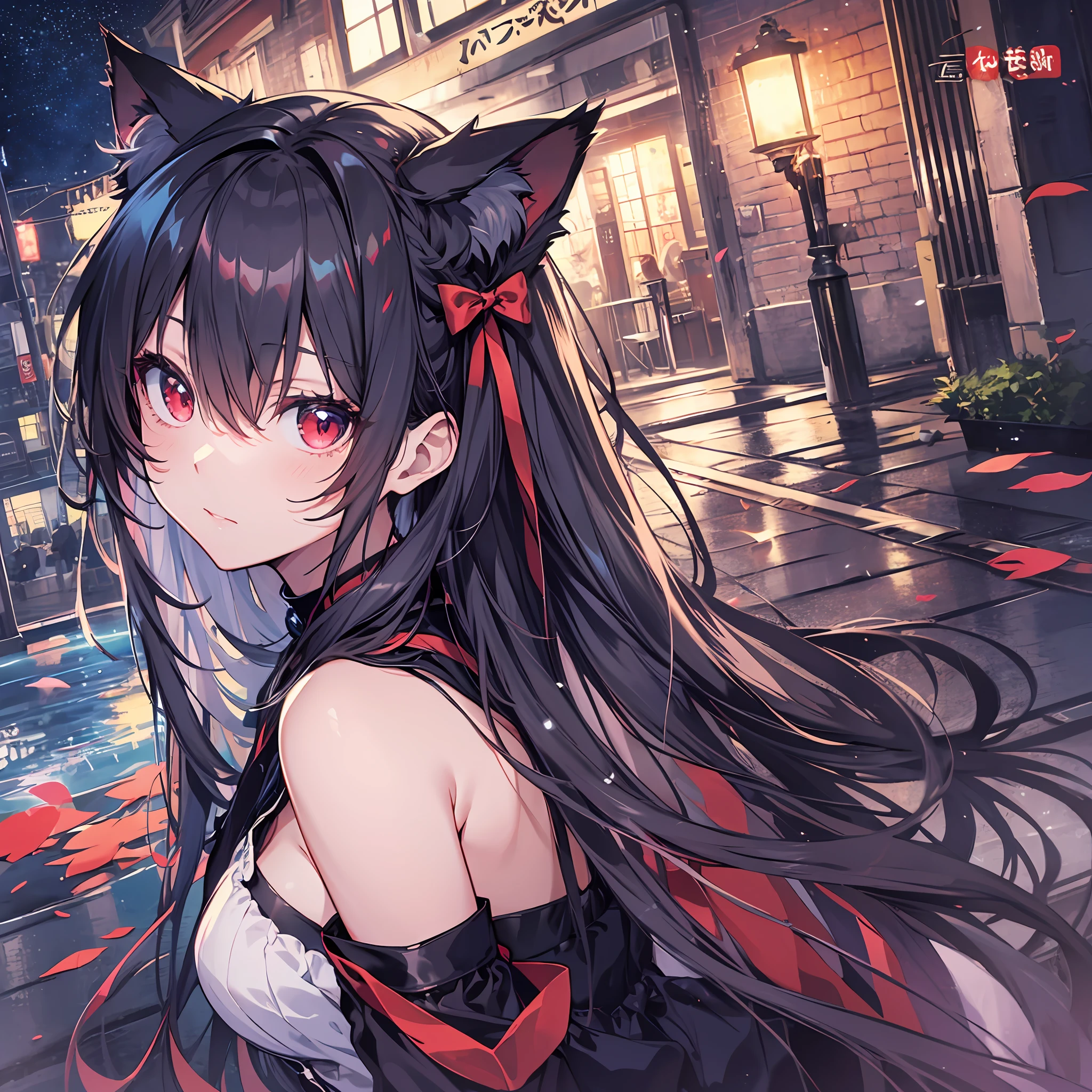 Anime girl avec de longs cheveux noirs et un arc rouge sous la pluie -  SeaArt AI