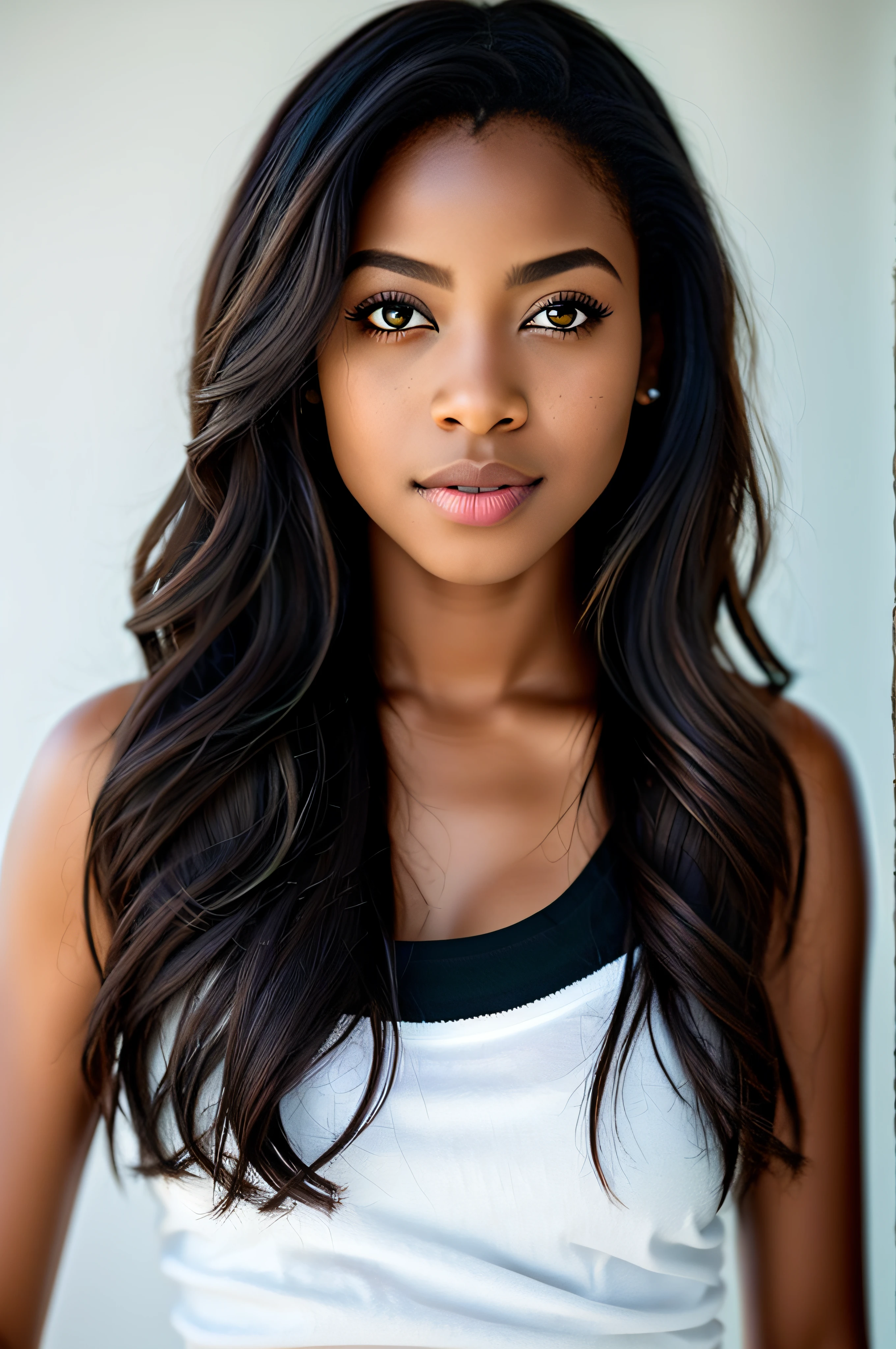 Une photo d’une femme séduisante (Noir africain:1.2) avec un style lâche (Les cheveux cours et noirs:1.2), (Elle porte un T-shirt blanc:1.2), photo du corps entier, (peau texturée, pores de la peau:1.1), visage impeccable, (légères taches de rousseur:0.9), ((photoréaliste):1.1), (CRU, 8k:1.3), dans un studio de cinéma avec un écran vert en arrière-plan, clé chromatique.