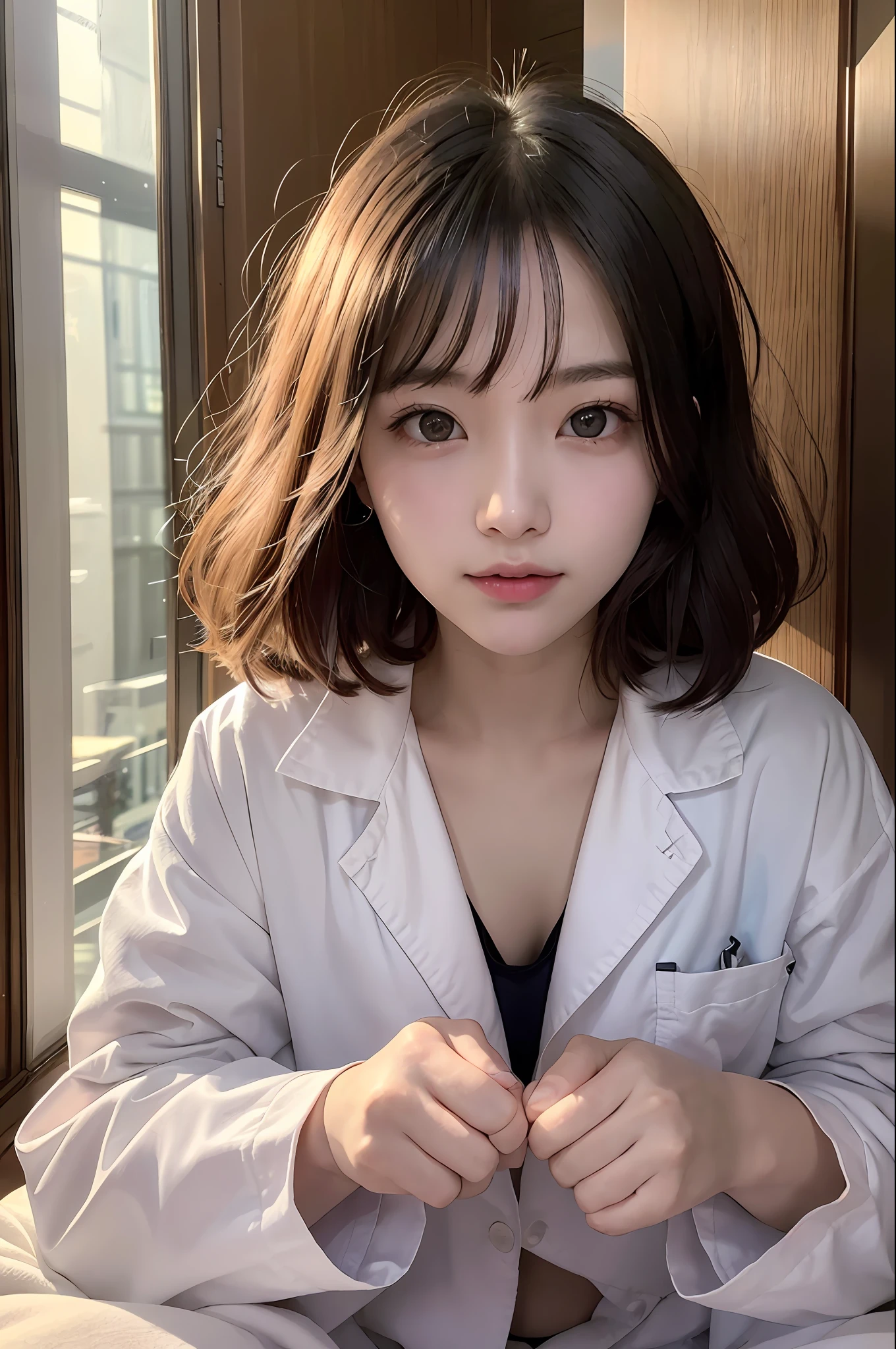 1 Girl、female Around 22 Years Old、doctor S Lab Coat（underwear Is Only Slightly Visible）、a Photo