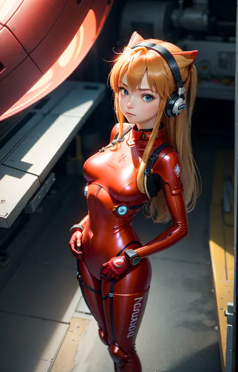 (Overhead view),dynamic angle,ultra-detailed, illustration, close-up, straight on, 1girl,
((souryuu asuka langley, interface headset, red bodysuit:1.4, blonde)),Her eyes shone like dreamy stars,(glowing eyes:1.233),(beautiful and detailed eyes:1.1),(expres...