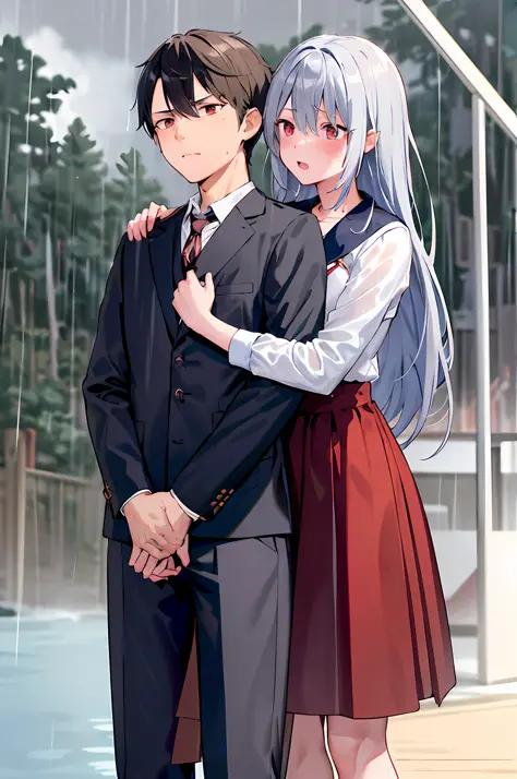 anime couple standing in the rain with umbrellas over their heads, Depois da chuva e sem meninas, em estilo anime, Yandere. alto...