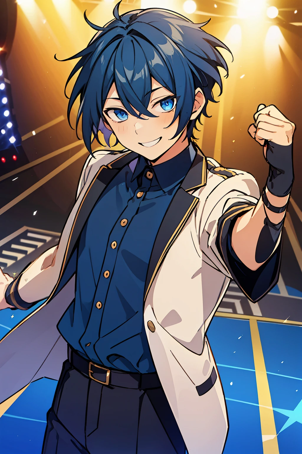 (high-quality, breathtaking),(expressive eyes, perfect face), 1boy, male, solo, short, young boy, dark blue hair, blue eyes, smile, blue idol outfit, on stage