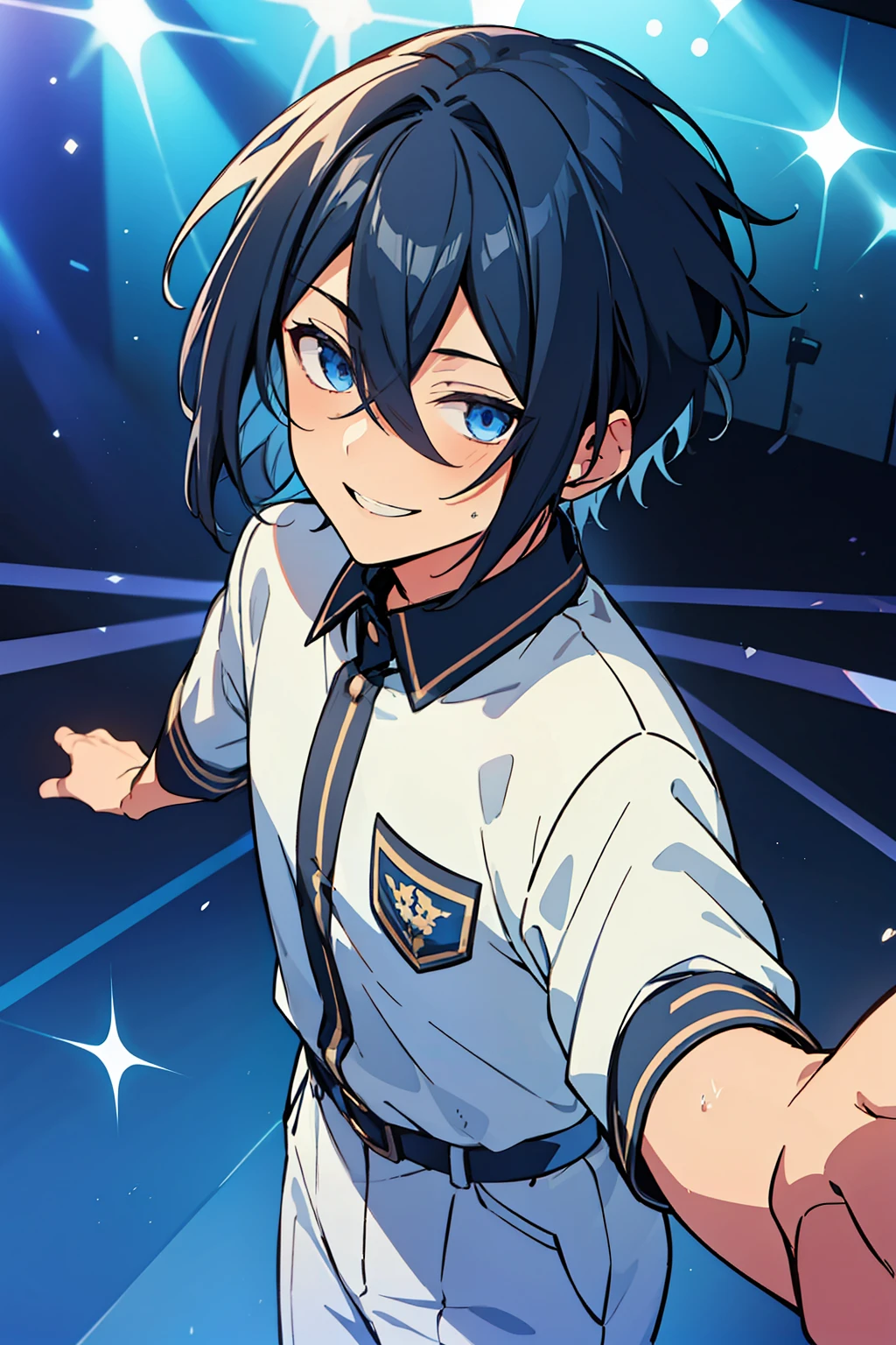 (high-quality, breathtaking),(expressive eyes, perfect face), 1boy, male, solo, short, young boy, dark blue hair, blue eyes, smile, blue idol outfit, on stage
