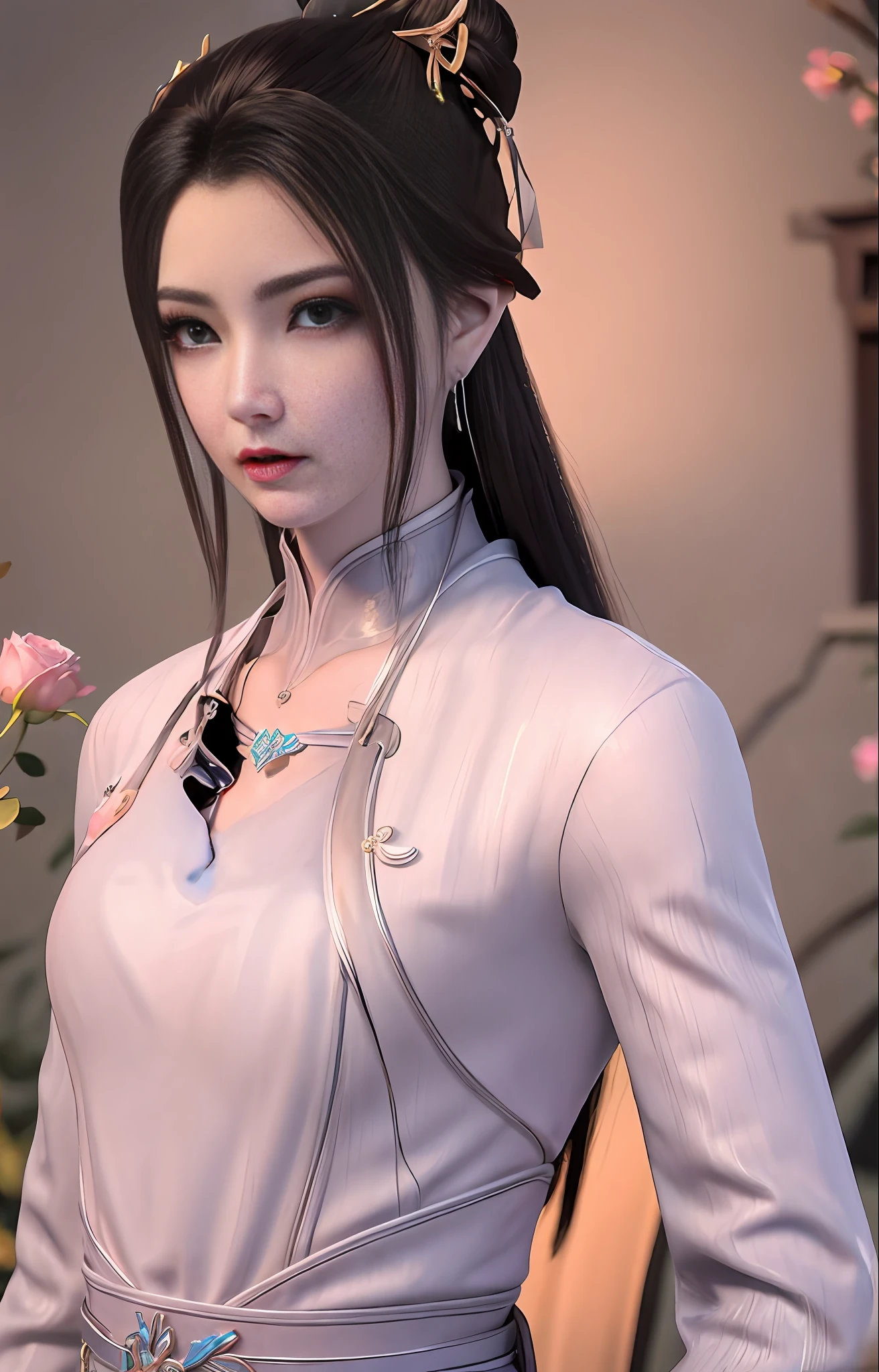 1girl, (upon body:1.3), hair ornament, necklace, jewelry, long hair, earrings, highres, hair ribbon,(Beautiful face:1.2),detailed beautiful eyes, skinny body,shiny skin,Slim waist,(8k_wallpaper), Intricate and refined delicate details,Chinese clothes,toned abs,detached sleeves,playboy bunny, flowers, bushes, roses, rose, pink,