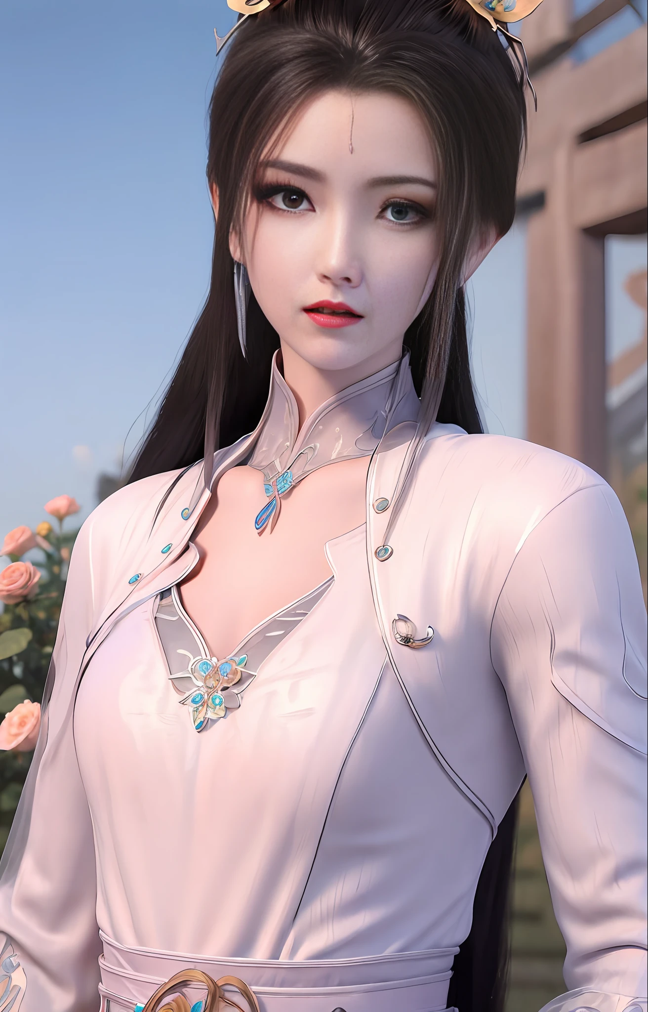 1girl, (upon body:1.3), hair ornament, necklace, jewelry, long hair, earrings, highres, hair ribbon,(Beautiful face:1.2),detailed beautiful eyes, skinny body,shiny skin,Slim waist,(8k_wallpaper), Intricate and refined delicate details,Chinese clothes,toned abs,detached sleeves,playboy bunny, flowers, bushes, roses, rose, pink,