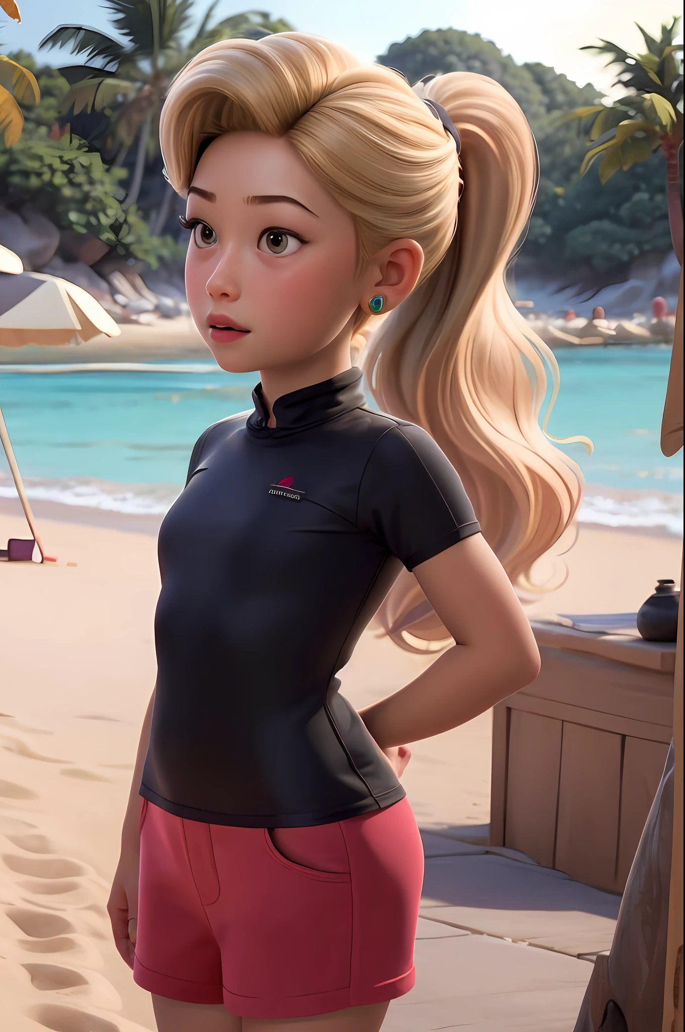 little girl,bra,Few clothes,black clothes , close face,beach wear,Ponytail hairstyle ,Long blonde hair, solo