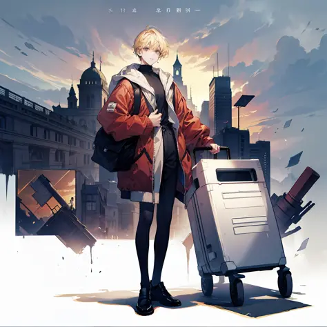 High-quality diagrams，A teenager，Tall guy，blonde short hair。Handsome，Standing with a schoolbag in one hand，The other hand crosse...