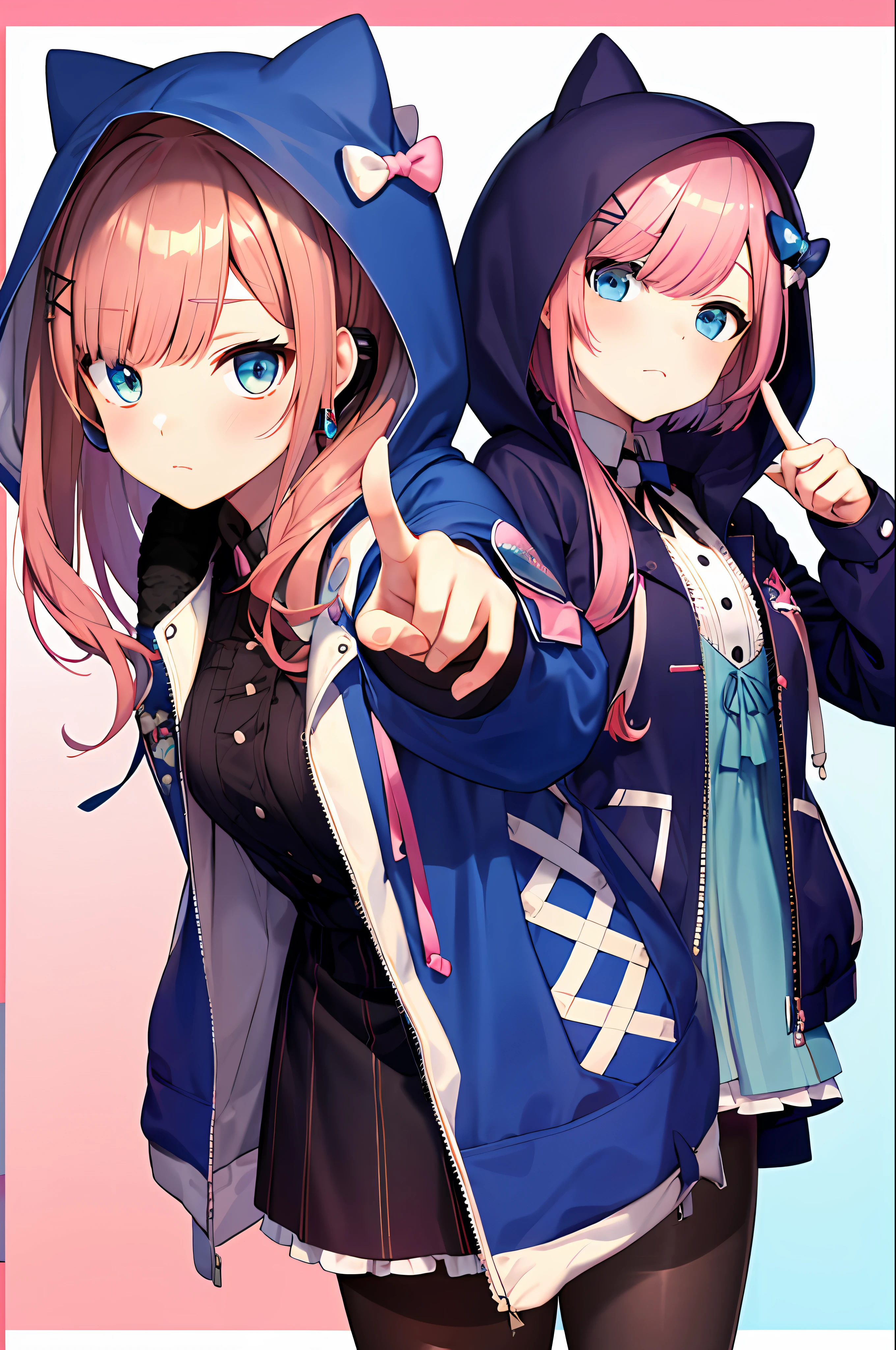 Maste Piece, Best Quality, Hi-Def, HMSL1, hair clips, Hair Bow, Hood Up, Black pantyhose, hooded jacket, Jewelry, headphones around neck, Open your clothes, blue bow, frown, Cowboy Shot, Leaning forward, pointing at viewer,Pink hair、Two girls