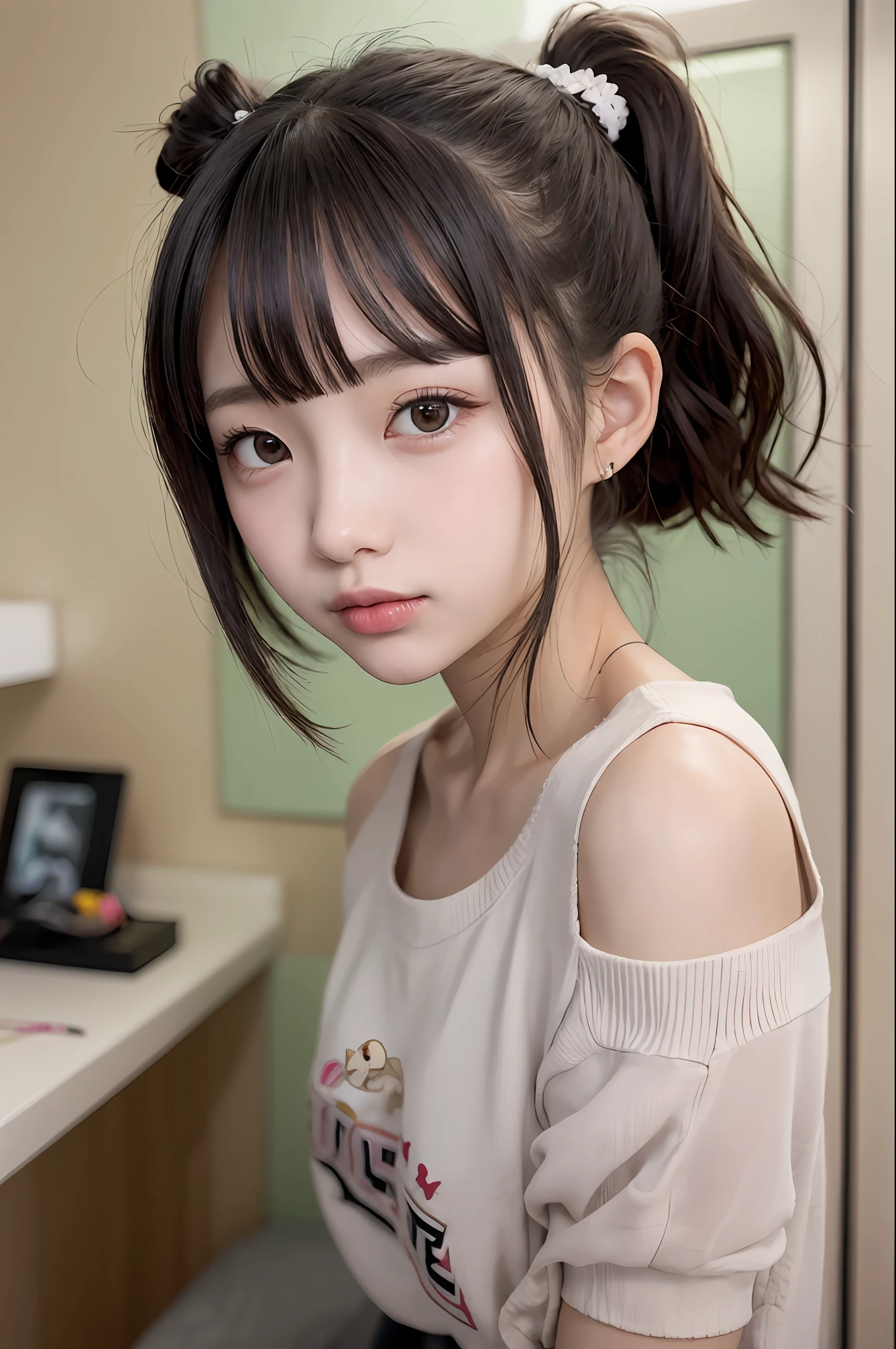 女の子1人、Female around 22 years old、Idol、Small、hairstyle on（black har、a side ponytail、One knot）、realisticlying、Best quality、adopt、detailed faces、hotels room、Sit on the bed、depth of ﬁeld、Bokeh