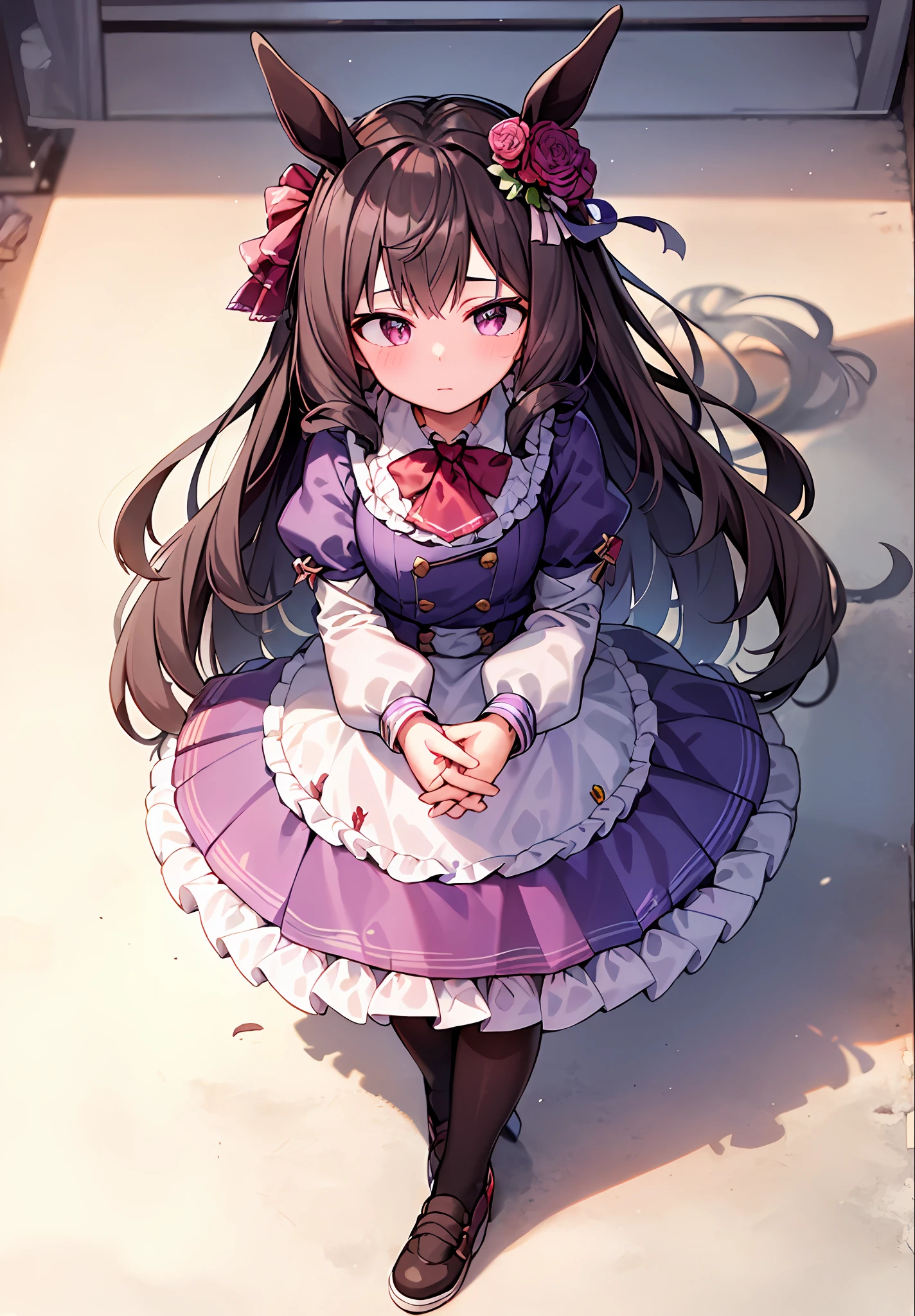 ((masterpiece, highest quality)),
, 1st ruby, horse ears, (purple_dress,purple_skirt), long_skirt, flowers, ruffles, hair flowers, interlocking fingers, long sleeves, putting their hands together, puffy sleeves, red flowers, solo, white pantyhose, white leg clothes, small_breasts,
 Look at the viewer, ((looking at it from slightly above)), (quiet expression), standing, doll girl, spherical joint