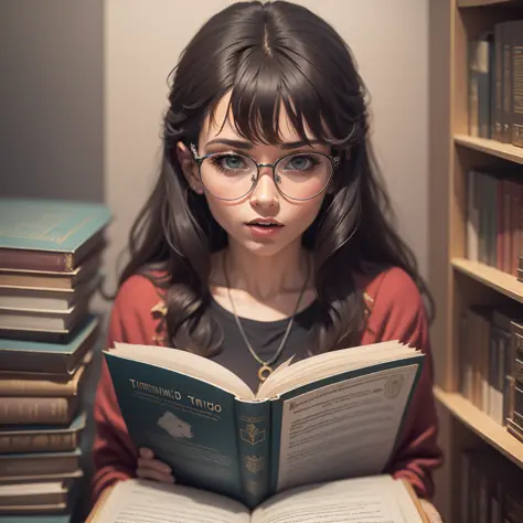 garota timida, olhando de canto, lendo livro, transparent glasses, corar, timidez, olhar expressivo, ultra detalhado