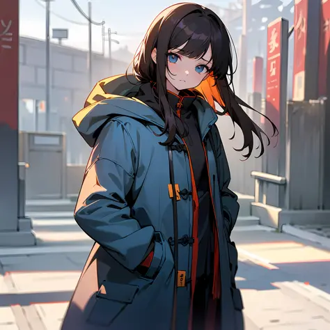 ((Best quality、8K、A masterpice:1.3))、only girl、Whole human body、Dark brown hair、Semi-long、Cold eyes、Straight face、Aligned bangs、Dark blue coat、Hands stuck in pockets、White breath、Winters、School Gate、yuki、a blurry background
