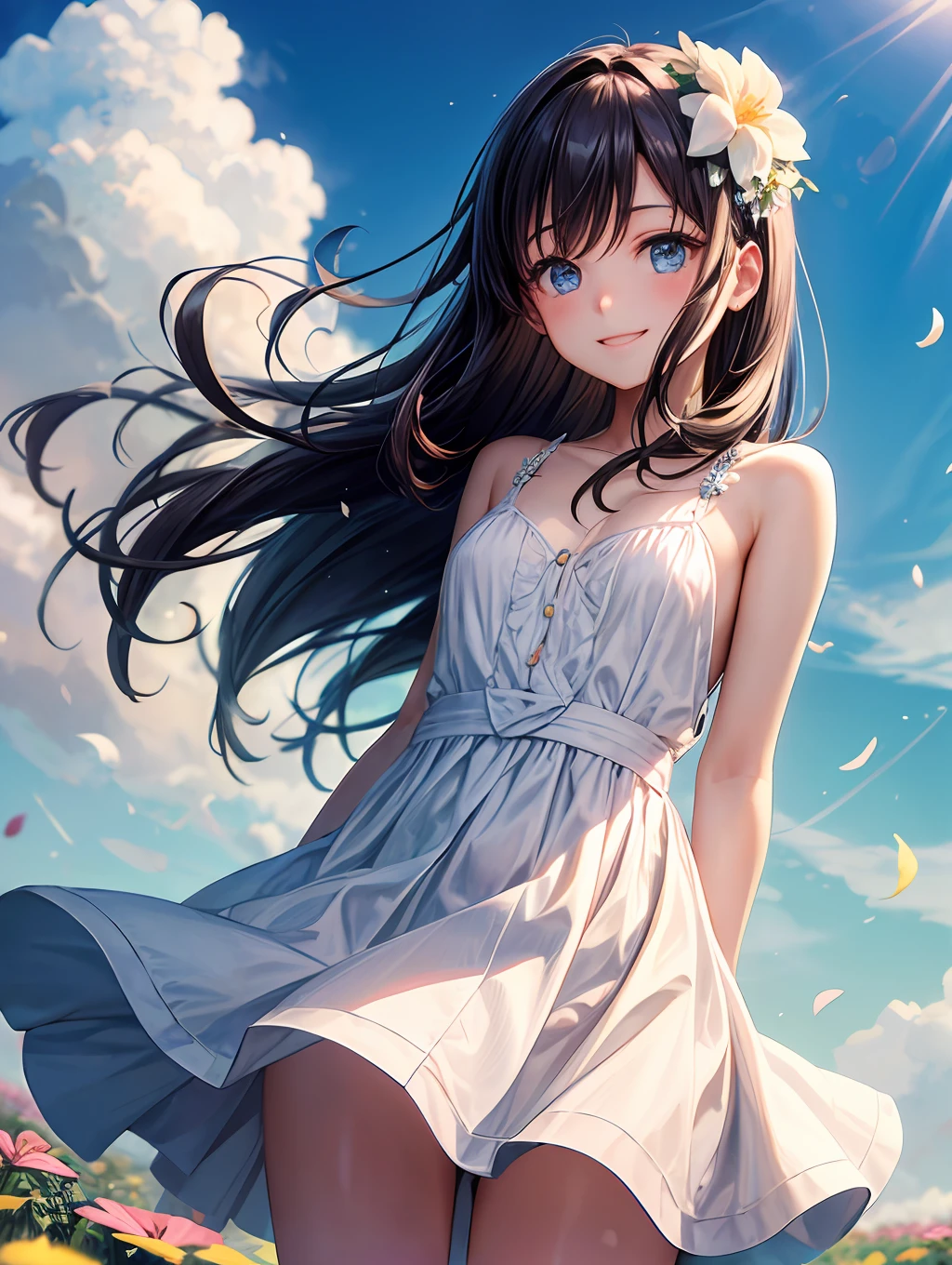 Best quality、Floral hair ornament、lightblue eyes、Small face、shiraga、Hair fluttering in the wind、a smile、large 、Open chest、White dress、White miniskirt、beauty legs、flowers fields、Background blur