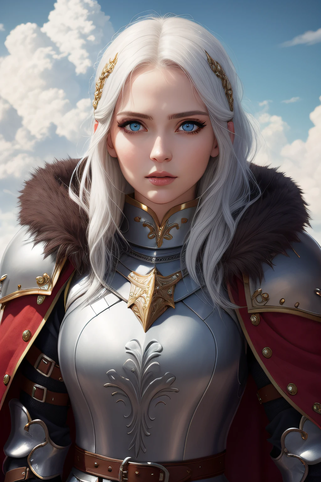 a  portrait of a underdeveloped [temptress|siren] , Mocha armor, breastplate, nimbus, fur, cape, perfect face, pretty face, blue eyes, white hair, big hair, normal breasts, lush detail, absurdres, avatar, close-up, face zoom, mystery, fantasy