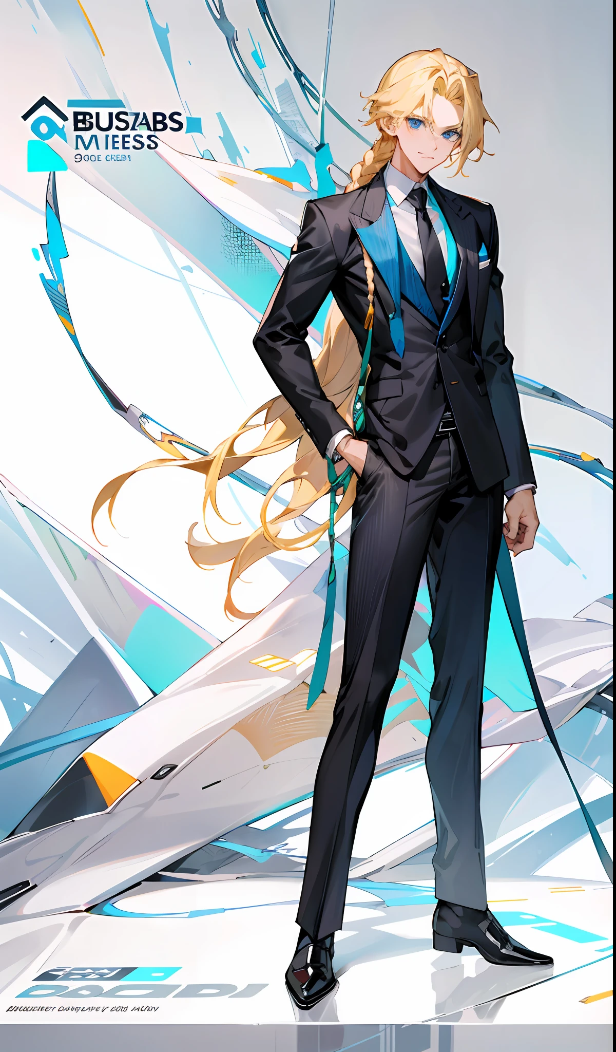 Beautiful boy with blonde hair and blue eyes，A small braid，semi-long curly hair，black business suits，Slim figure，Male and female