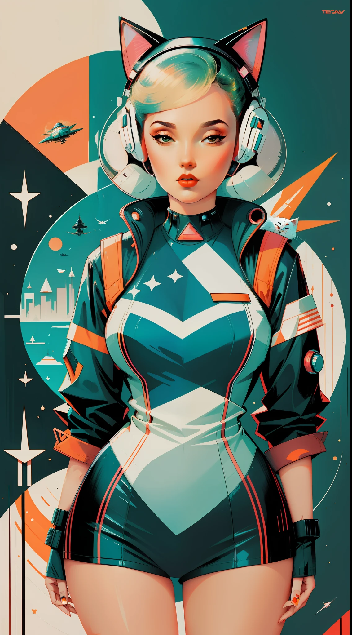 Retro-SciFi-Kunst,Jahrgang,1Pinup-Girl mit sehr weißer Techwear-Kleidung,Katze,geometrische Formen und einfache Streifen auf dem Hintergrund