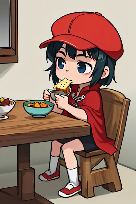 girl, red hat, red cape, rustic kitchen, table, sits, eats, bowl, girl eats food from a bowl, anime style