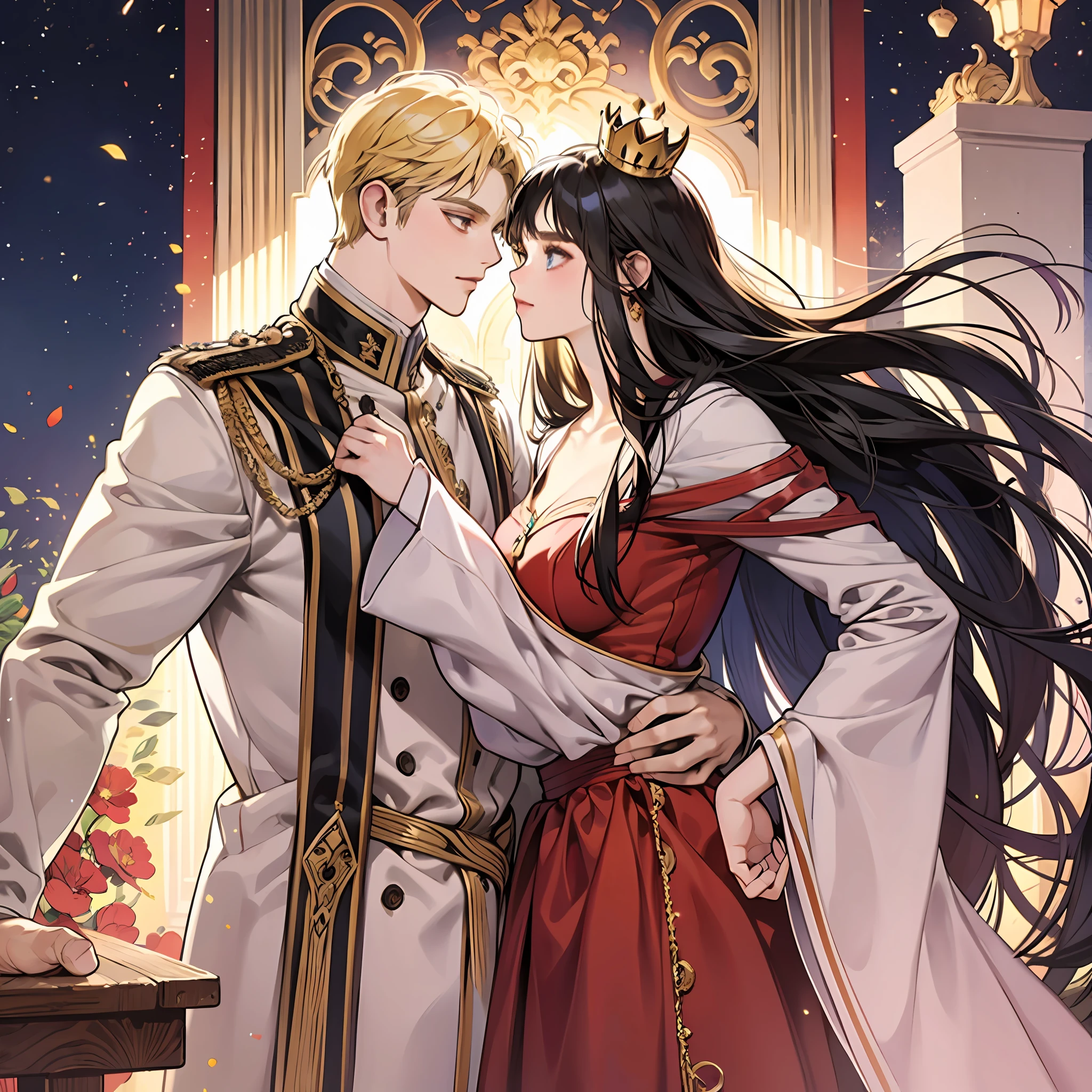 blonde man, dark blue hair girl, naruhina, throne, masterpiece, couple, standing, royalti, nobility, (((crowns))), king, queen, looking into each other eyes, romantic