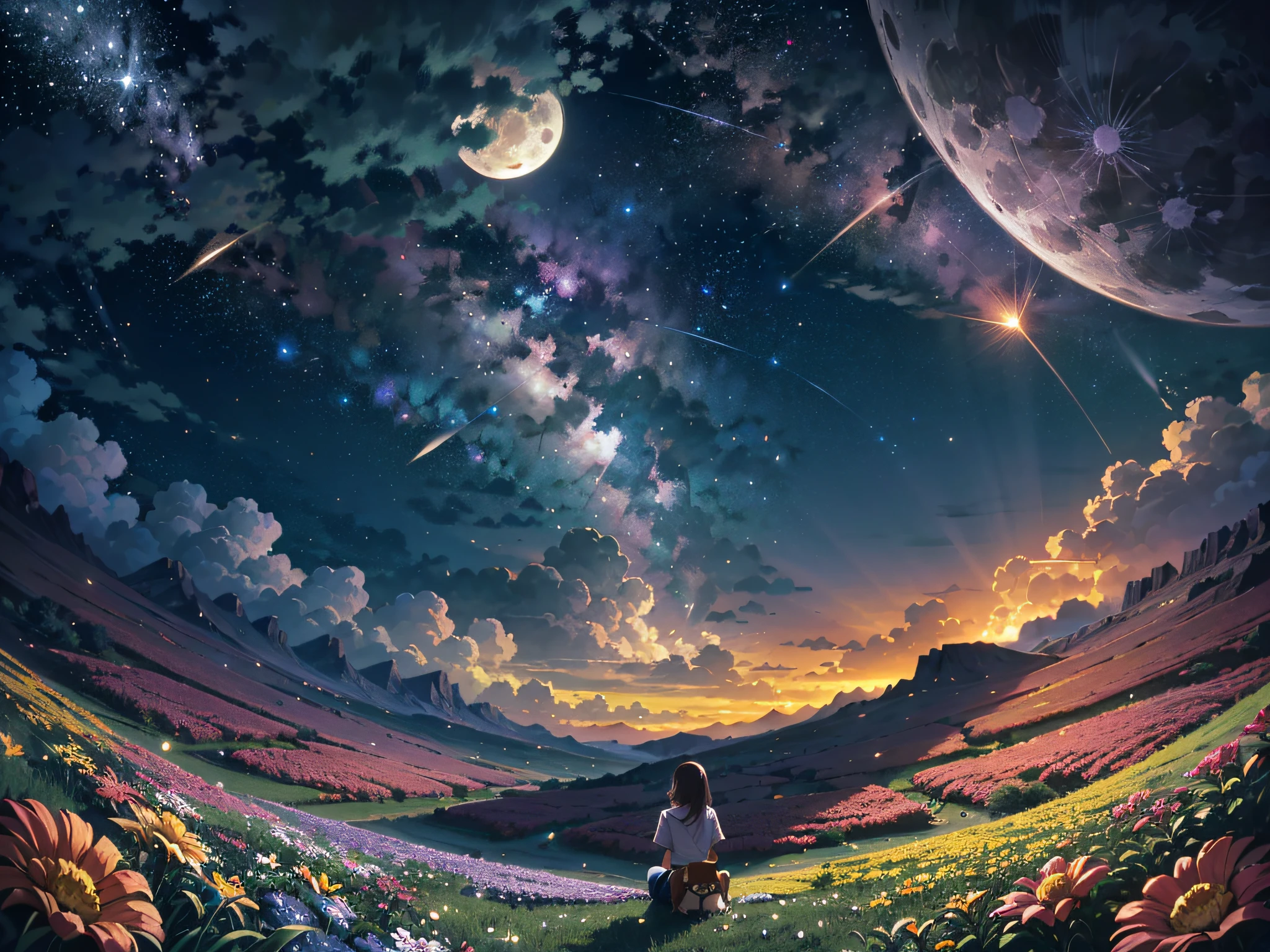 ((A illustration of a very vast fantastic starry sky and mysterious landscape)), masterpiece, BREAK , best quality, ultra detailed, hyper realistic, 16k, high resolution, BREAK , Design an image with a fisheye lens effect, capturing a wide field of view with a distinctive, curved perspective. BREAK , (dutch angle:1.2), BREAK , (Dynamic Composition:1.3), (Viewed from below:1.4), (Wide shot from back:1.4), (zoomed out:1.2), BREAK , (A woman with medium straight hair is sitting in a field of flowers with her dog Cavalier King Charles Spaniel and looking up at the sky:1.5). BREAK , Midnight starry sky, (Yellow full moon:1.3), (Meteor shower:1.3), (Cloud:1.2), Distant mountains, Trees, Fireflies, BREAK , Colorful vibrant starry sky, blue tone, moonlight, Beautiful bright purple and blue and orange and yellow lighting, Glow Lighting, Atmospheric Lighting, Cinematic lighting, Sparkle, Glowing light, Award-winning, Concept art,