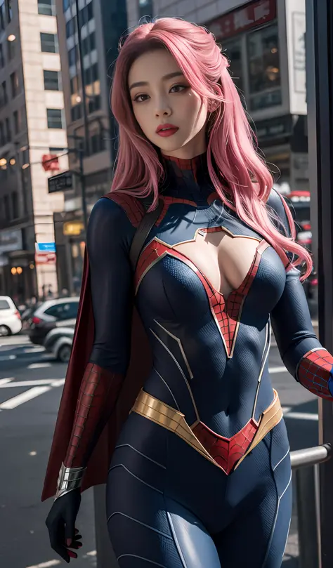 Beautiful woman detailed curvy hourglass body using spider girl cosplay, j-cup  breasts. - SeaArt AI