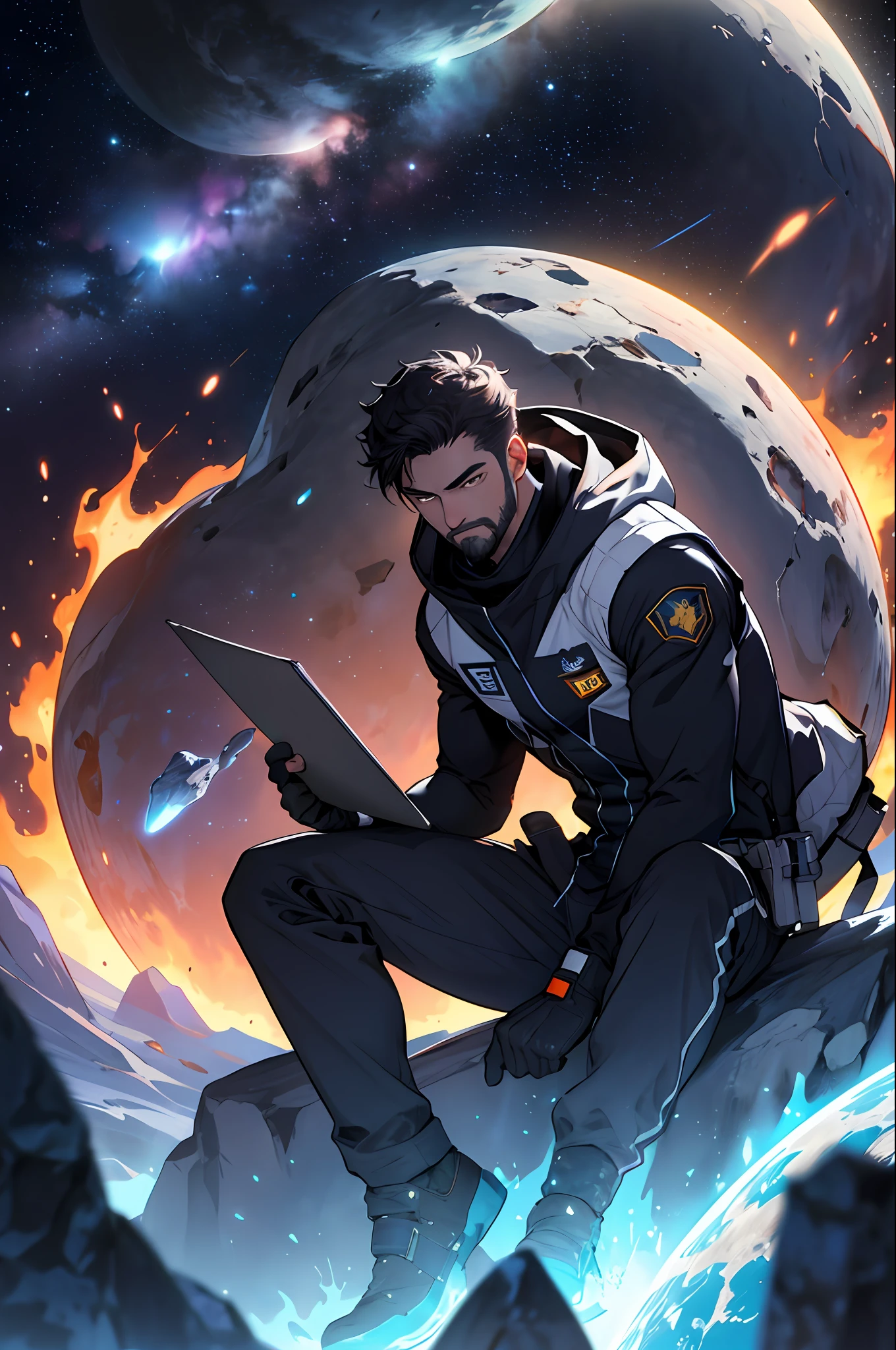 Draw a young programmer, sitting on a research platform floating in the middle of an asteroid belt. He is studying with a notebook, surrounded by several asteroids glowing with fiery auras. Dramatic lighting from distant stars and planets illuminates the scene, casting deep shadows on the suit. The young man looks confident and determined, looking at the vast and mysterious universe with wonder and respect,facial hair, cowboy shot,