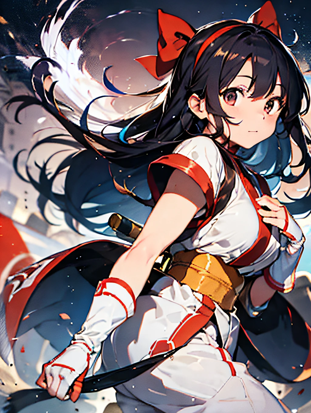 masterpiece, best quality,1girl, solo, nakorurums, red bow, bow, long hair, hair bow, ainu clothes, solo, hairband, black hair, fingerless gloves, short sleeves, gloves, sash, bangs, red hairband, breasts, brown eyes, white pants, japanese clothes, masterpiece, light smile, (illustration: 1.5), running toward viewer