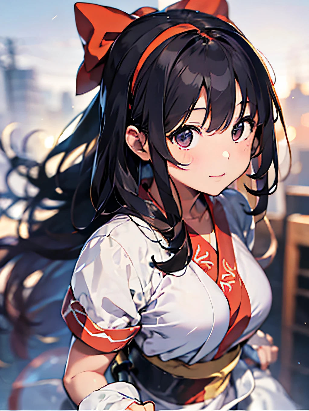 masterpiece, best quality,1girl, solo, nakorurums, red bow, bow, long hair, hair bow, ainu clothes, solo, hairband, black hair, fingerless gloves, short sleeves, gloves, sash, bangs, red hairband, breasts, brown eyes, white pants, japanese clothes, masterpiece, light smile, (illustration: 1.5), running toward viewer