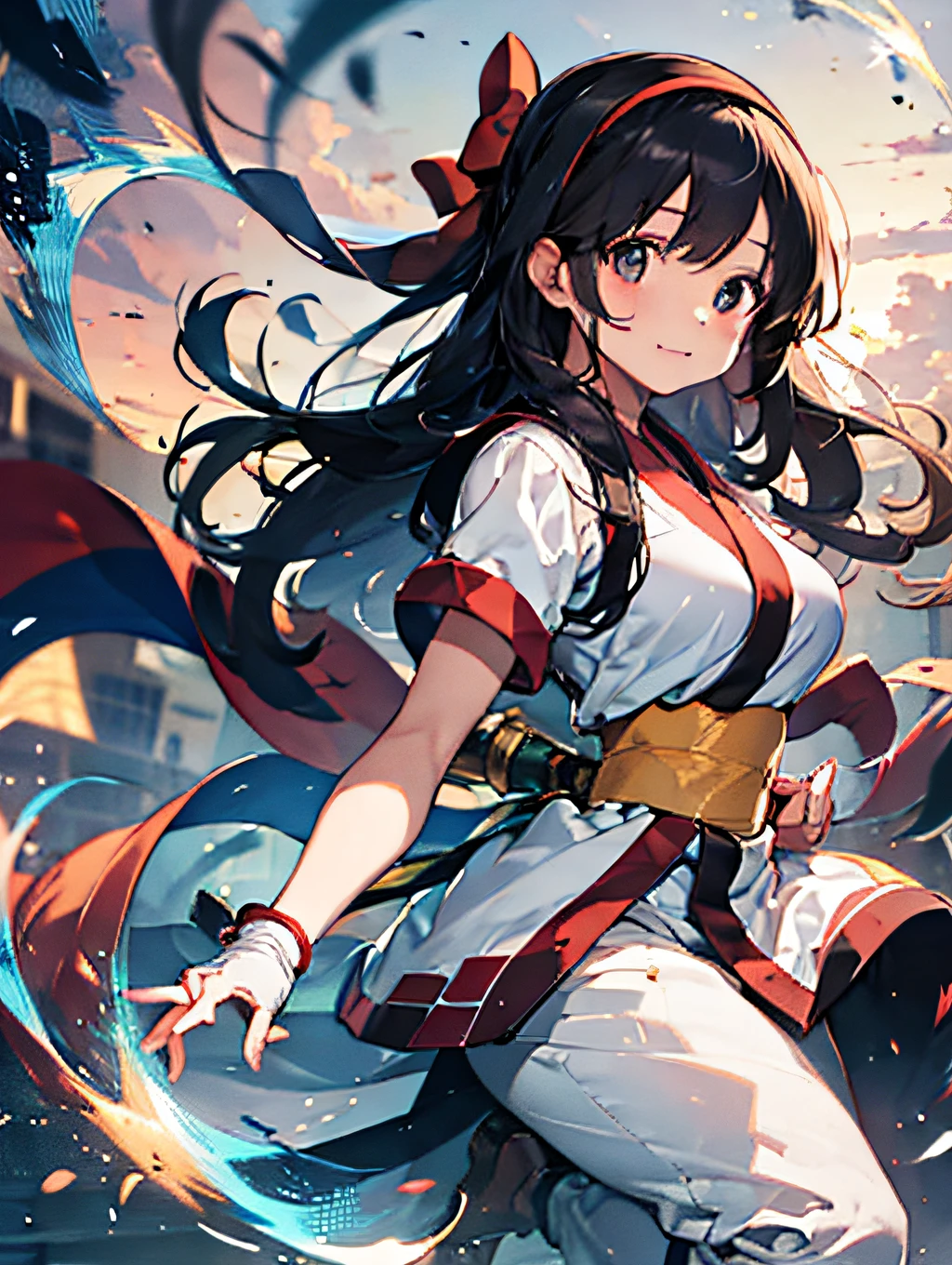 masterpiece, best quality,1girl, solo, nakorurums, red bow, bow, long hair, hair bow, ainu clothes, solo, hairband, black hair, fingerless gloves, short sleeves, gloves, sash, bangs, red hairband, breasts, brown eyes, white pants, japanese clothes, masterpiece, light smile, (illustration: 1.5), running toward viewer