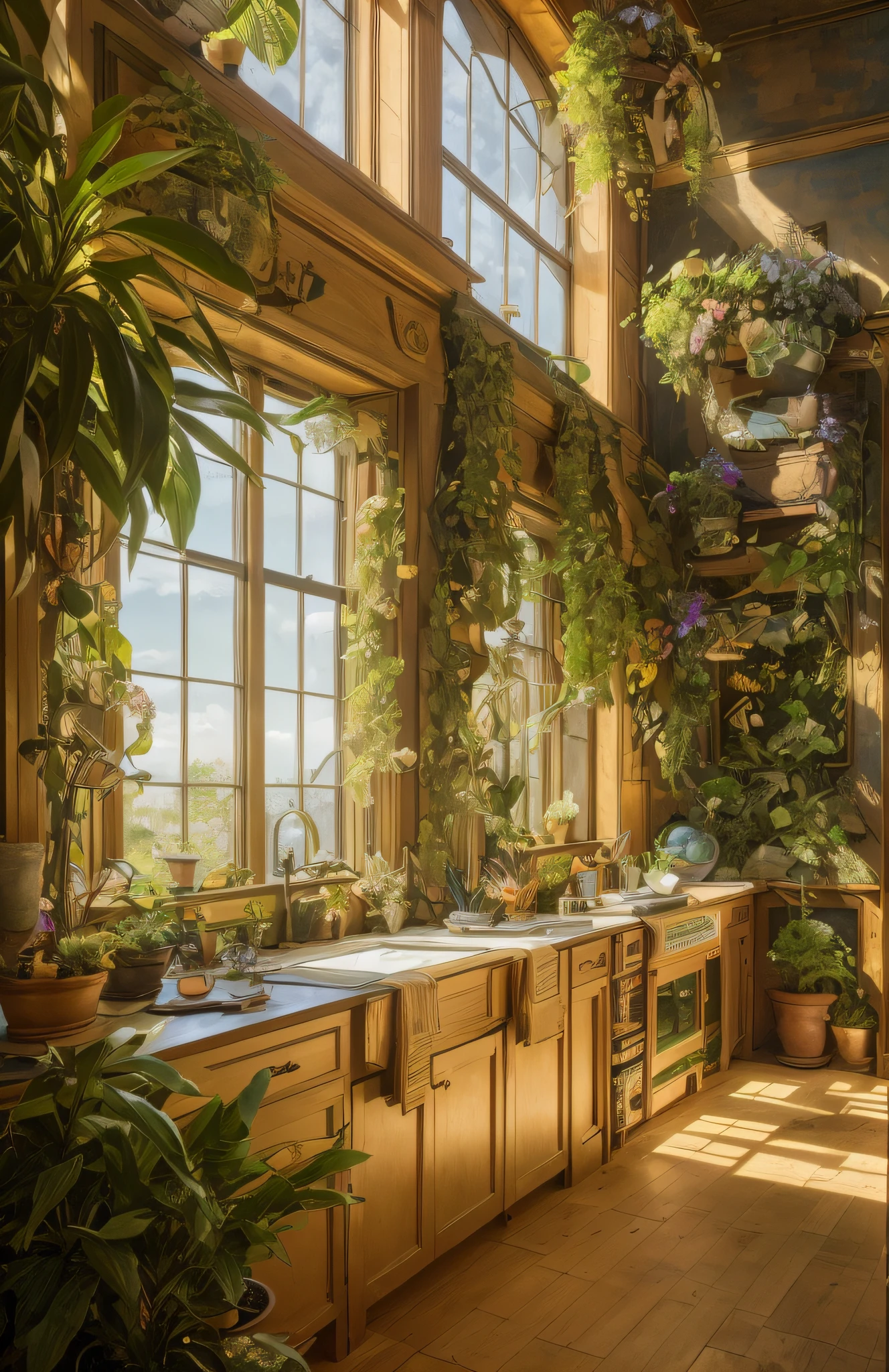 Foto Architectural Digest de um verde maximalista {onda de vapor/steampunk/solarpunk} ((escritório em casa)) com flores e plantas, Luz dourada, surrealismo hiper-realista, obra-prima premiada com detalhes incríveis, épico deslumbrante