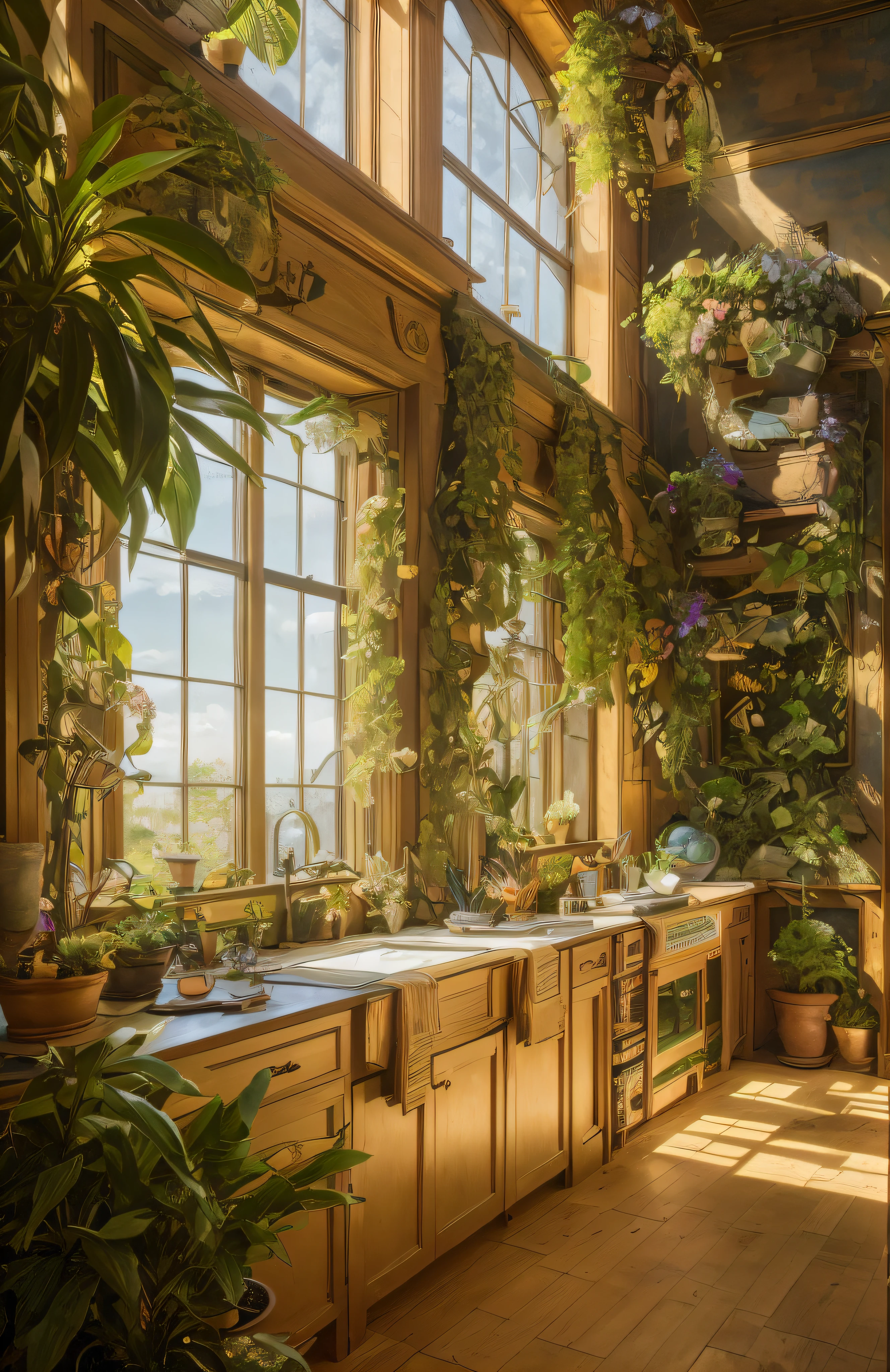 Photo Architectural Digest d&#39;un vert maximaliste {onde de vapeur/Steampunk/solairepunk} ((bureau à domicile)) avec des fleurs et des plantes, lumière dorée, surréalisme hyperréaliste, Chef-d&#39;œuvre primé avec des détails incroyables, épique époustouflant