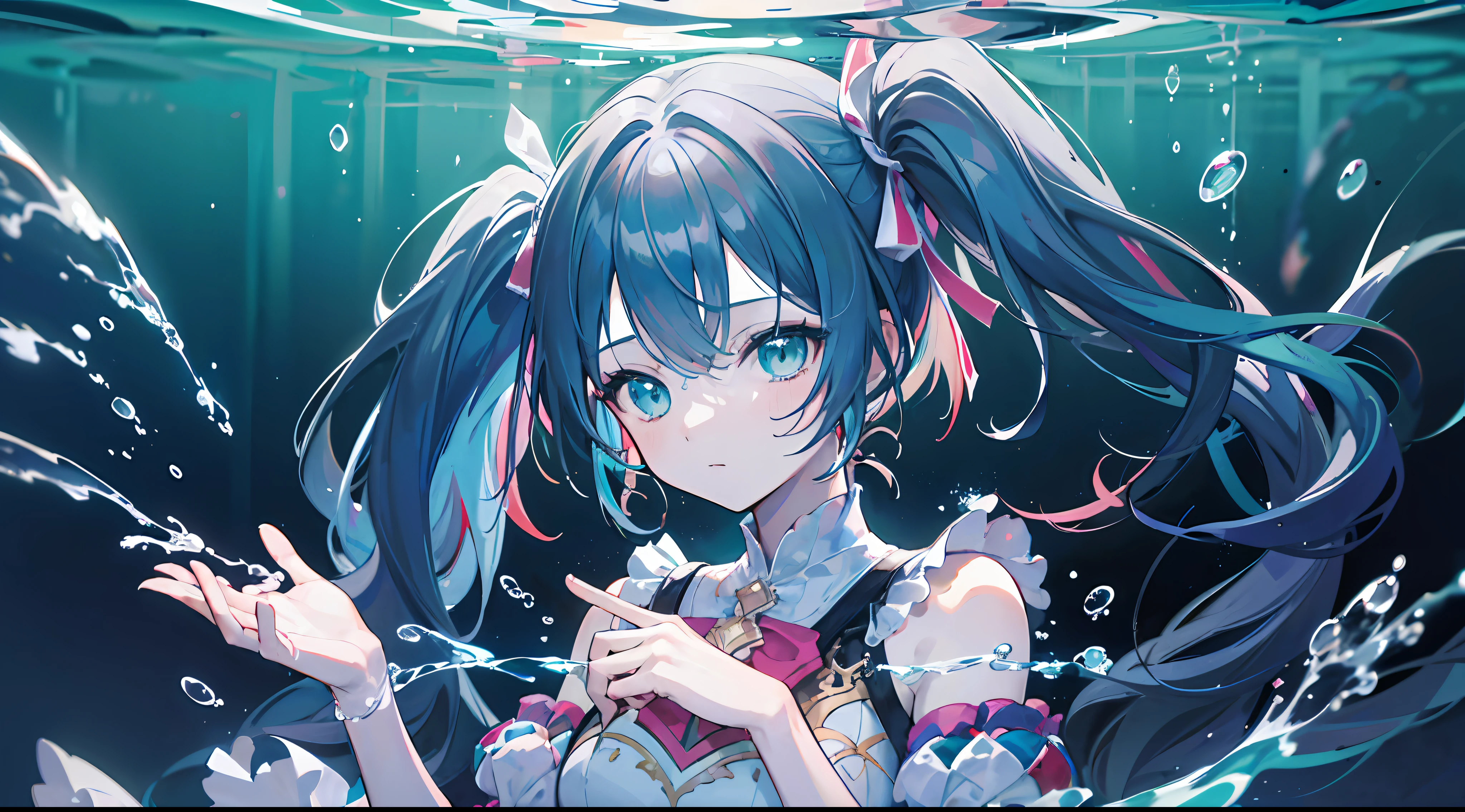 Cover design, ultra high def, masterpaintings, A girl soaks in water, (Hands naturally droop)，(Upper body)，(Under the water:1.2), Long cyan hair, double ponytails, cute pubic hair, depth of ﬁeld, ultra high def, 巨作，Brace your hands on the ground，a sense of solitude，(A sense of depression)，(Dark:1.3)