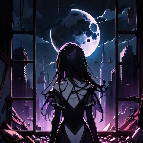 walk、abandoned buildings、night、moonlit、black haired、long haired、red eyes、top image quality、beste quality、ultra-highres、masterspi...