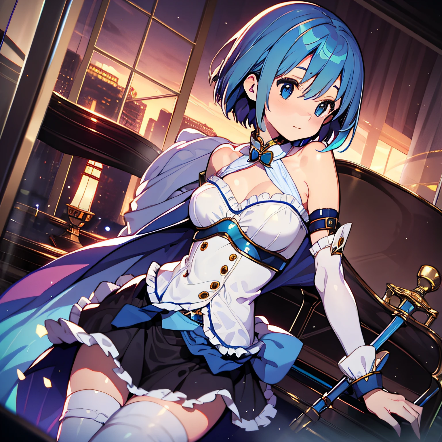 Sayaka Miki、Blue hair、Dreamy background、grand piano、Lots of rapiers、Top image quality、beste Quality、ultra-highres、masterspiece、only girl、antique