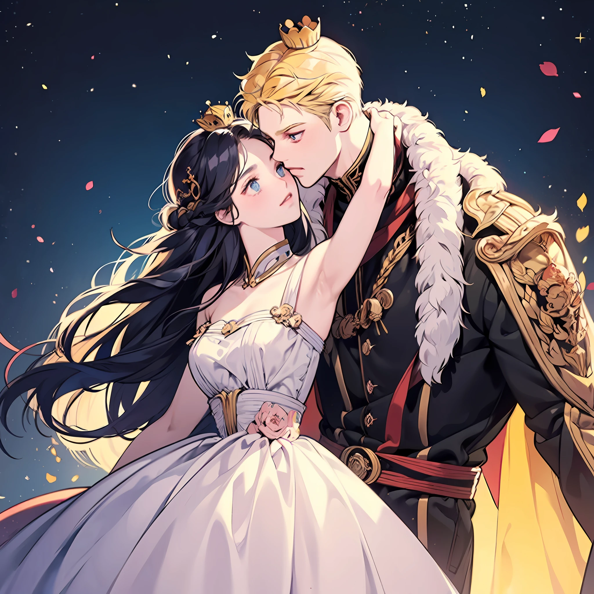 blonde man, dark blue hair girl, naruhina, hug, masterpiece, couple, standing, royalti, nobility, (((crowns))), king, queen, looking into each other eyes, romantic, kiss