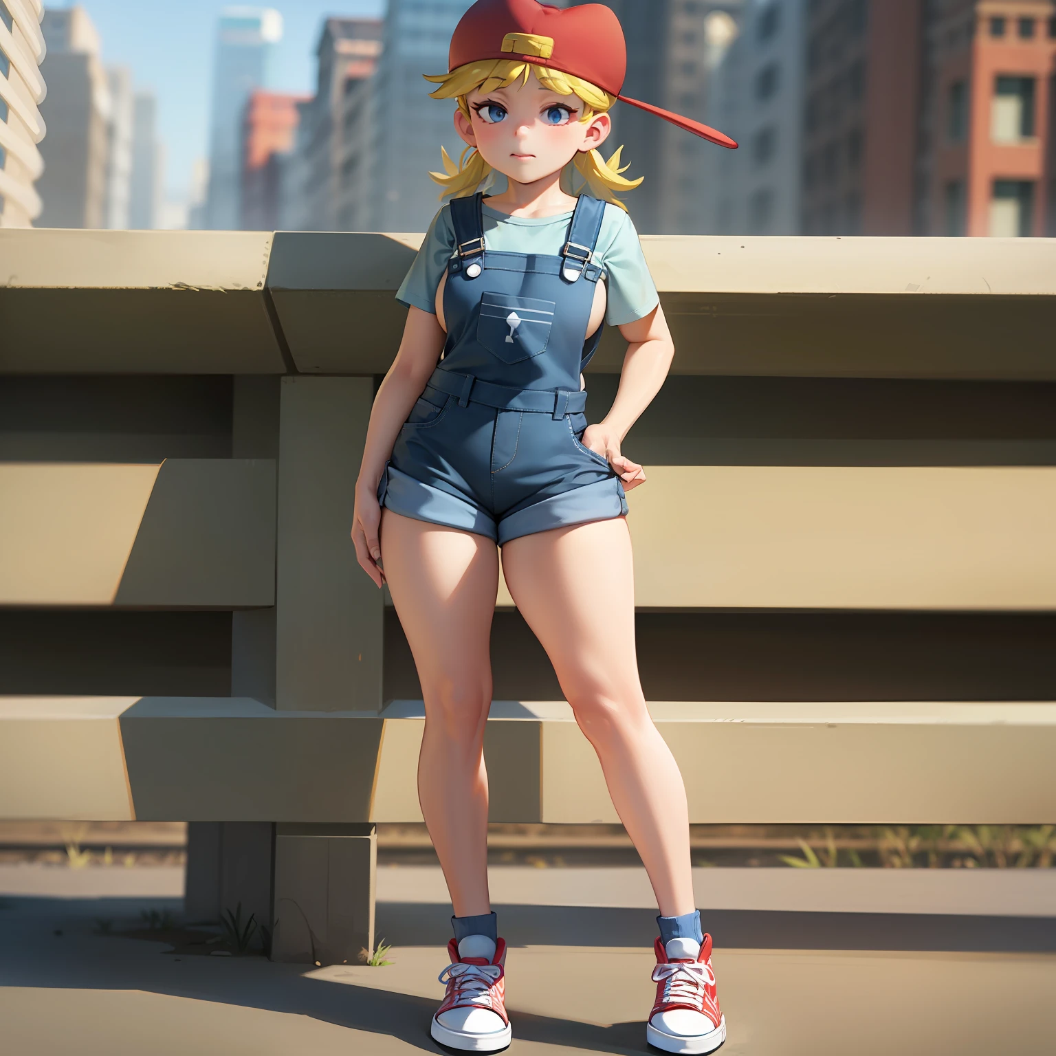 Lana Loud, overalls, red headwear, curvy arms, curvilinear legs, defined legs, sneakers