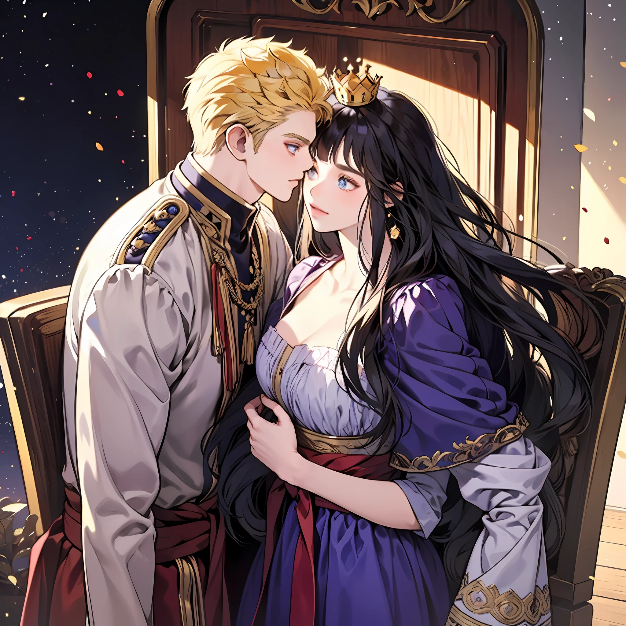 blonde man, dark blue hair girl, naruhina, throne, masterpiece, couple, standing, royalti, nobility, (((crowns))), king, queen, looking into each other eyes, romantic