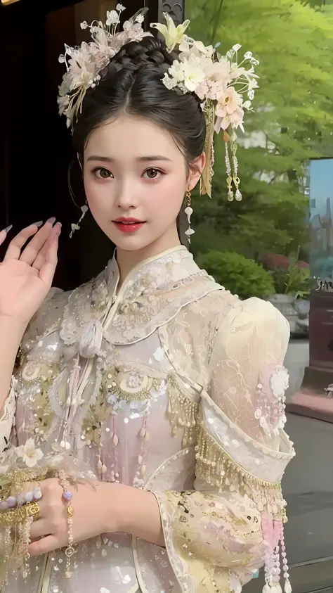 Close-up of a woman in a dress，A flower stuck in his hair, Wearing Gorgeous Costume, royal palace ， A girl in Hanfu, a beautiful...
