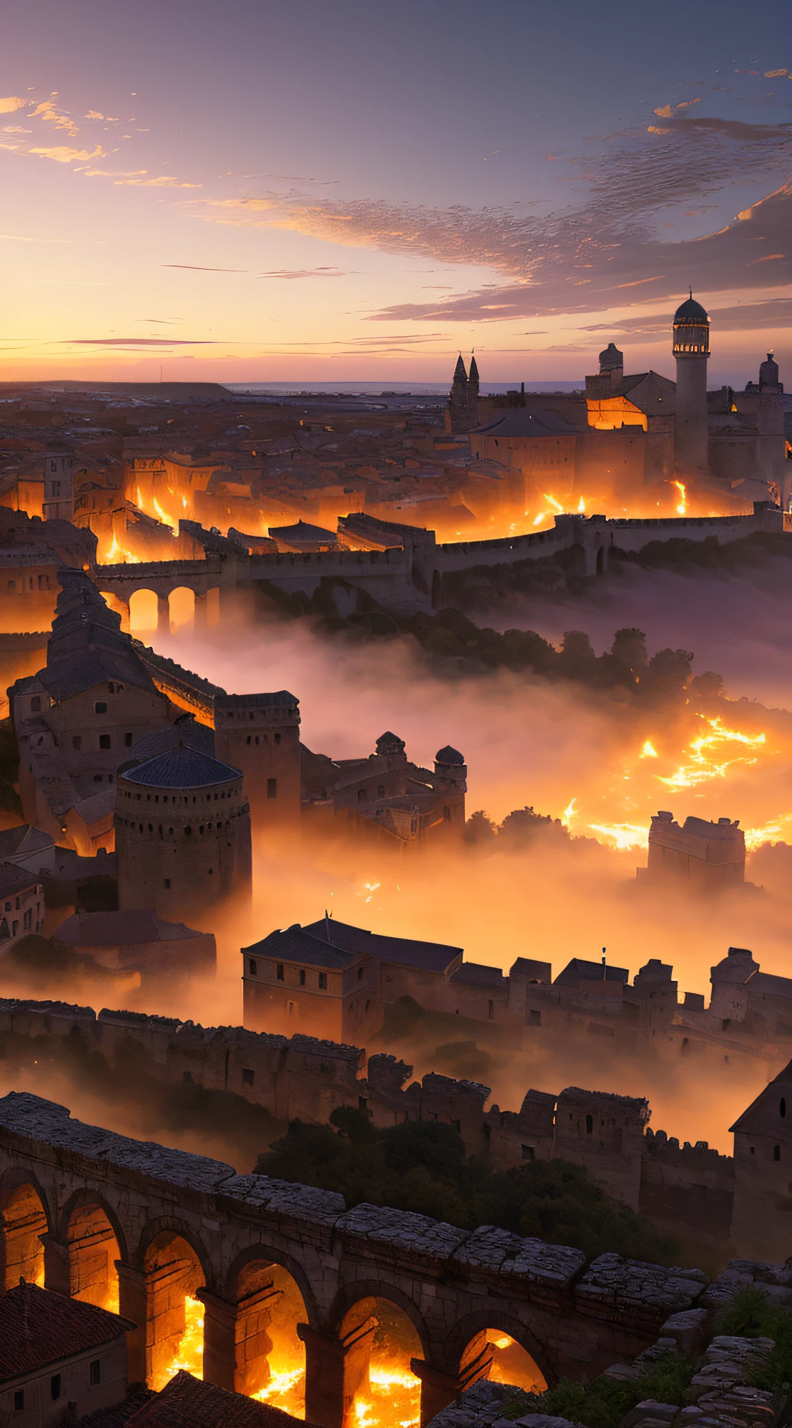 (masterpiece, UHD, Greg Rutkowski inspired, oil painting:1.2), panoramic view of Roman city, (distinctive stone structures:1.1), throng of Germanic tribes, (barbarians storming the city walls:1.3), late sunset, (sky illuminated with oranges and purples:1.2), towering infernos, ash-filled air, screams echoing, cool and warm colors blending, dramatic atmosphere, diagonal shot, distant perspective.