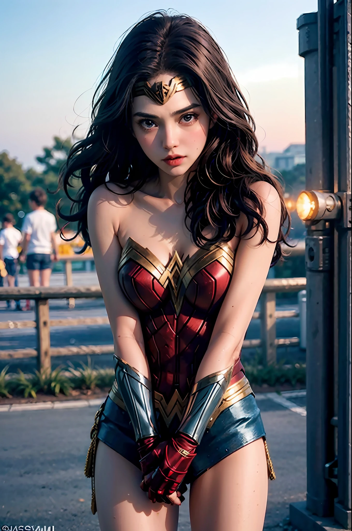 wearing wonder_woman_cosplay_outfit, in front of a sky, 
good hand,4k, high-res, masterpiece, best quality, head:1.3,((Hasselblad photography)), finely detailed skin, sharp focus, (cinematic lighting), night, soft lighting, dynamic angle, [:(detailed face:1.2):0.2], medium breasts, outside,