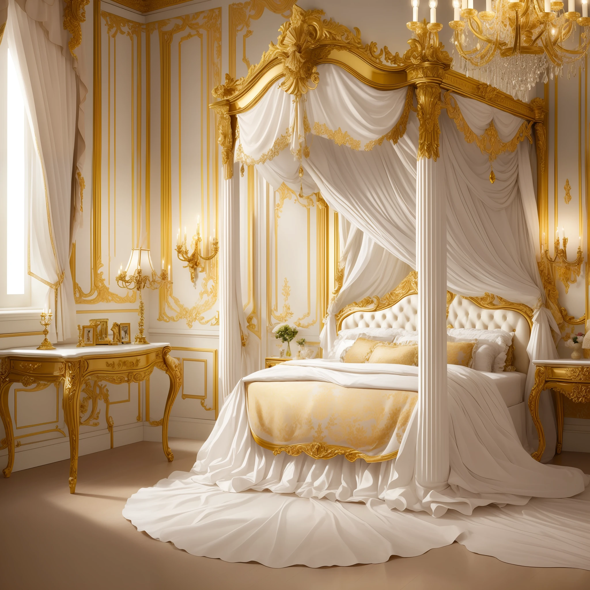 ภาพวาดต้นแบบ，คุณภาพสูง，คุณภาพที่เหมาะสมที่สุด，มาซามุเนะ，รายละเอียดสุดยอด，ภายในห้อง，European palace bedroom โต๊ะเครื่องแป้ง,การตกแต่งที่หรูหรา，สไตล์คลาสสิกยุโรป，สีทอง，กระจกเก็บรายละเอียดไหม，โต๊ะเครื่องแป้ง，โต๊ะเครื่องแป้ง，ห้องนอนนีโอคลาสสิก，เตียง，ตู้เสื้อผ้า，ผ้าม่าน，เครื่องประดับคริสตัลหลากสีบนพื้นผิวหน้าต่าง，แสงไฟอันอ่อนโยน，สุดยอดผลิตภัณฑ์บำรุงผิว，มีการเน้นรายละเอียด，เอฟเฟกต์แสงและเงาที่มีรายละเอียดสูง。