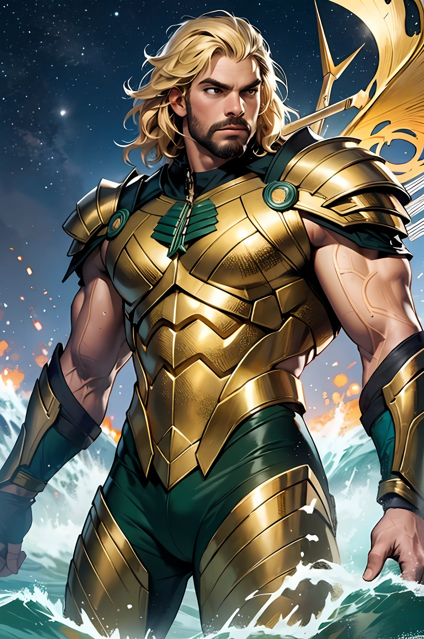 (8k, wallpaper, high resolution, best quality, masterpiece: 1.2), ultra-detailed, formal art, photorealism: 1.37, upper body shot, DC Aquaman, Arthur Curry, muscular, tall, hunk, big body, wide shouldet blond hair, cut short hair, orange scale armor, dark green pant film grain, action pose, night sky, tidal waves, serious face, holding a golden trident