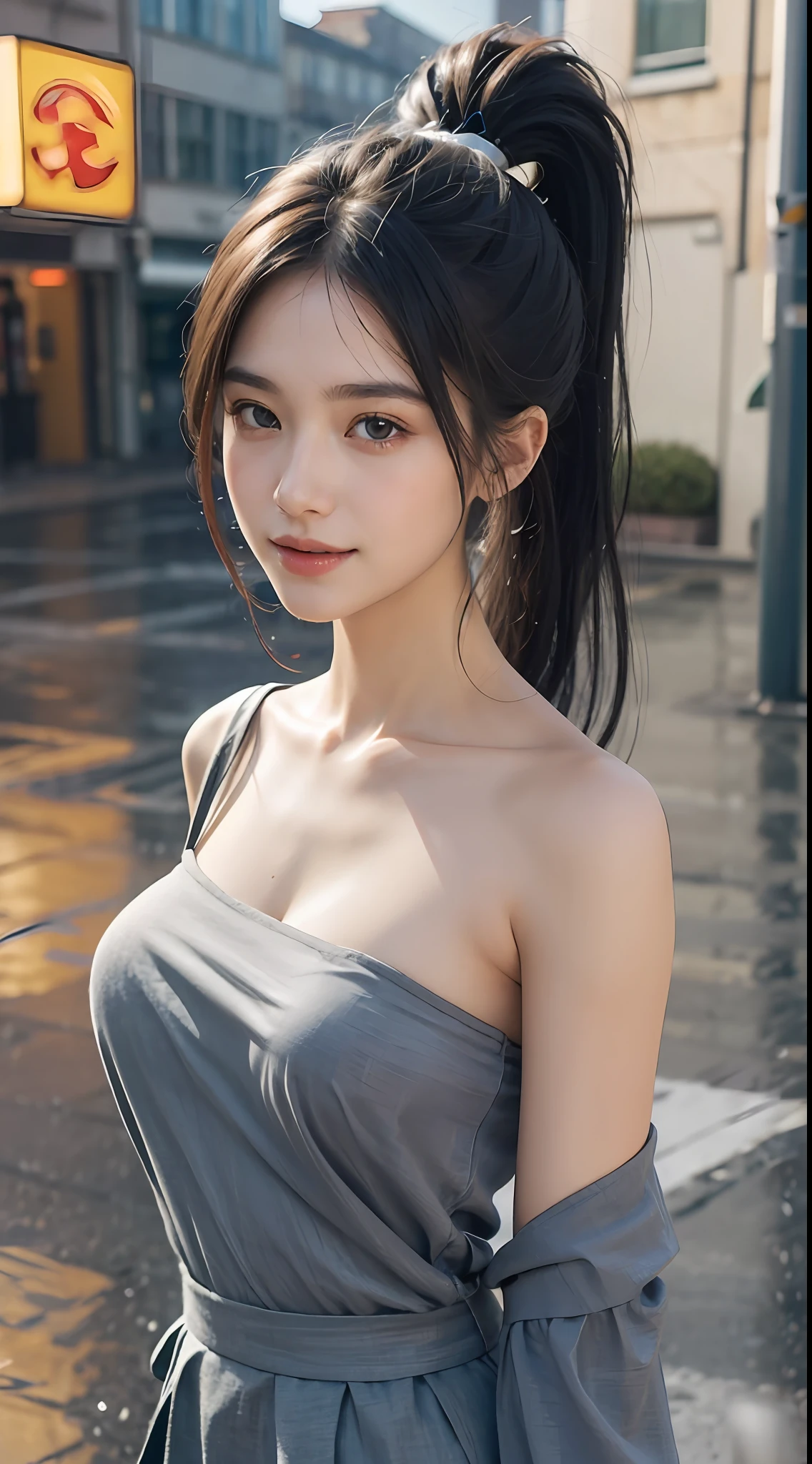 ((Best Quality, 8k, Masterpiece:1.3)), Focus: 1.2, Perfect Body Beauty: 1.4, Buttocks: 1.2, ((High Ponytail, Collarbone: 1.2)), (Short Skirt: 1.1) , (Rain, Street:1.3), Highly detailed face and skin texture, Fine eyes, Double eyelids, Whitened skin, Long hair, (Shut up: 1.3), Smile, Long legs, Full body, Best proportions of four fingers and one thumb, Smiley face, Face texture: 1.3, Sunshine, Summer, collarbone, beautiful eyes, real face, real skin, realistic face, realistic skin, detailed eyes, detailed facial features, detailed clothing features, detailed face, chest contour, tight fit, POS random, upper body silk wrap: 1.4