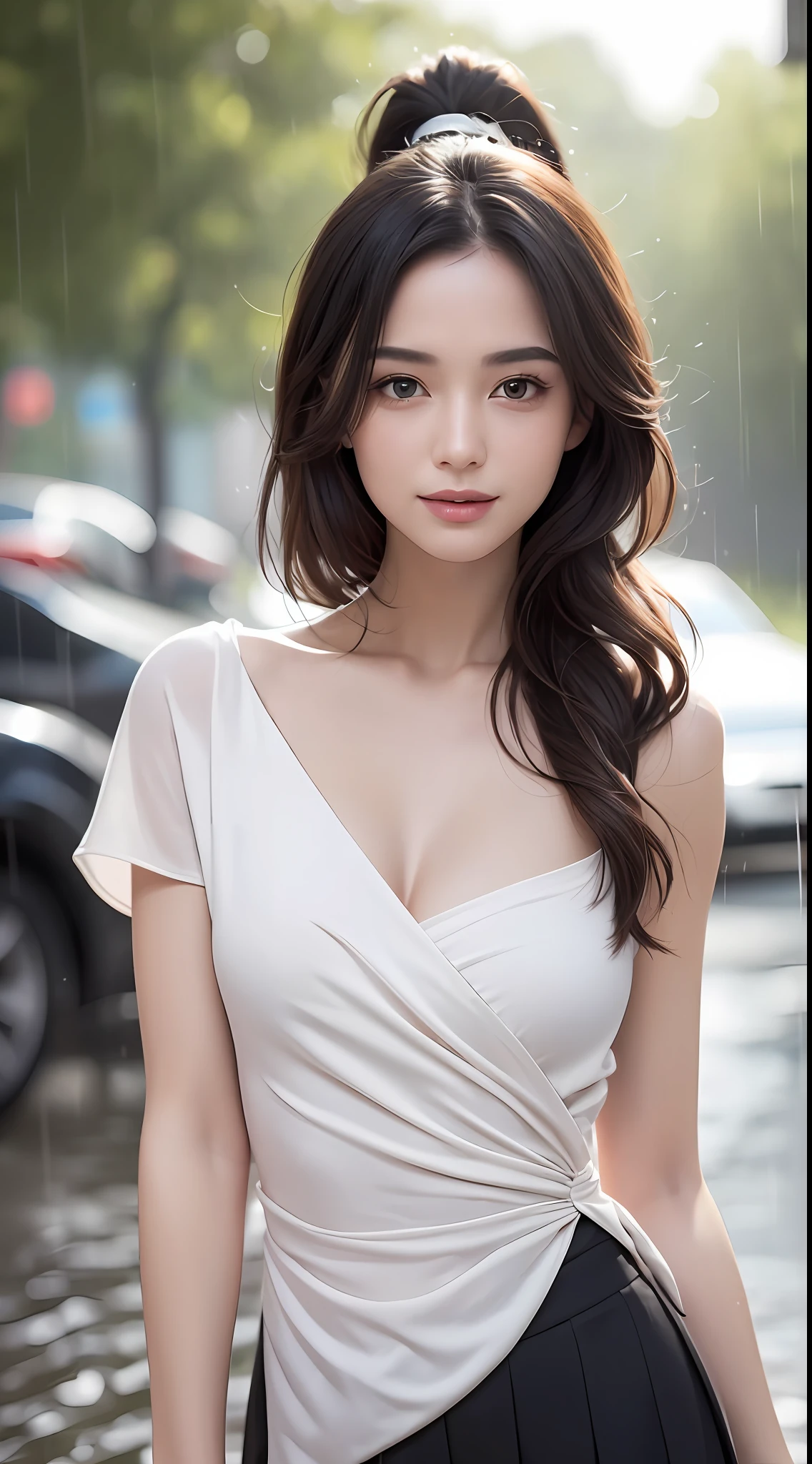 ((Best Quality, 8k, Masterpiece:1.3)), Focus: 1.2, Perfect Body Beauty: 1.4, Buttocks: 1.2, ((High Ponytail, Collarbone: 1.2)), (Short Skirt: 1.1) , (Rain, Street:1.3), Highly detailed face and skin texture, Fine eyes, Double eyelids, Whitened skin, Long hair, (Shut up: 1.3), Smile, Long legs, Full body, Best proportions of four fingers and one thumb, Smiley face, Face texture: 1.3, Sunshine, Summer, collarbone, beautiful eyes, real face, real skin, realistic face, realistic skin, detailed eyes, detailed facial features, detailed clothing features, detailed face, chest contour, tight fit, POS random, upper body silk wrap: 1.4