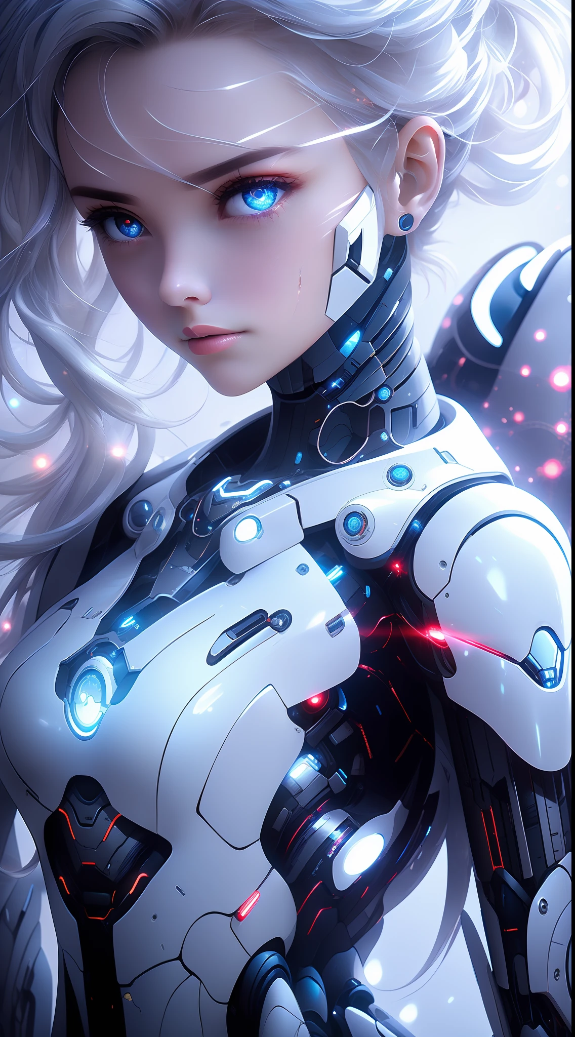 1girl huge large breasts，（edgMechagirl，A woman in a mecha costume，futuristic armor，Wearing edgMechaGirl cyber_armor：1.2），Complex armor mechanism，a bioluminescence，rich color matching，Perfect face，Nice face，Coral eyes，Silver ponytail，mediuml breasts，Very detailed details，sexy cleavage，Preposterous，sci-fi movie， Preposterous，（（Whole human body）），Faraway view，the panorama,dynamicpose。