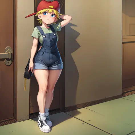 lana loud, overalls, red headwear, curvy arms, curvilinear legs, defined legs, sneakers