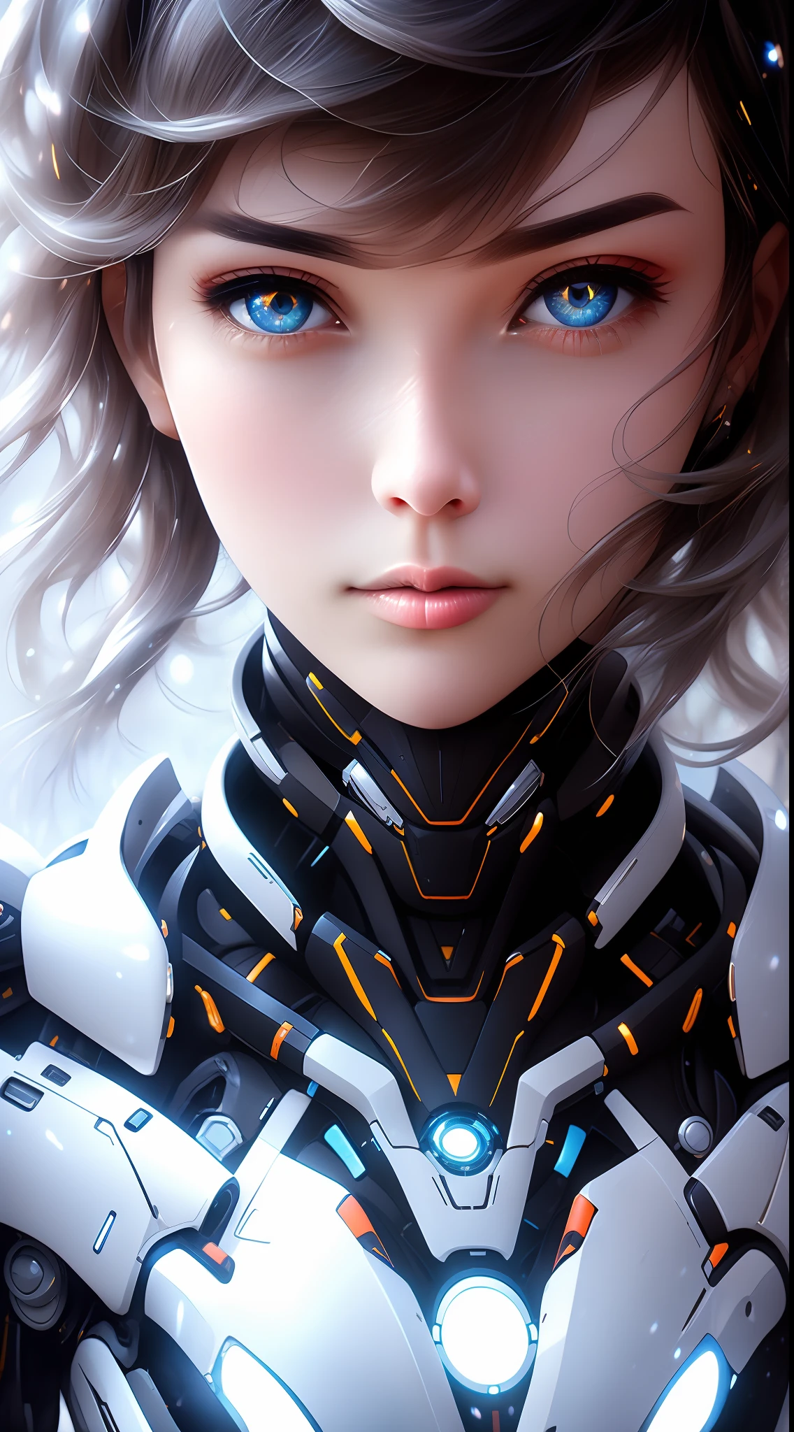 1girl enormes seios grandes，（bordaMechagirl，Uma mulher fantasiada de mecha，futuristic armaduras，usando edgMechaGirl cyber_armaduras：1.2），rosto perfeito，Rosto bonito，olhos de coral，rabo de cavalo prateado，seios médios，Detalhes muito detalhados，decote sexy，Absurdo，filme de ficção científica， Absurdo，（（Corpo humano inteiro）），Vista distante，o panorama,pose dinâmica。