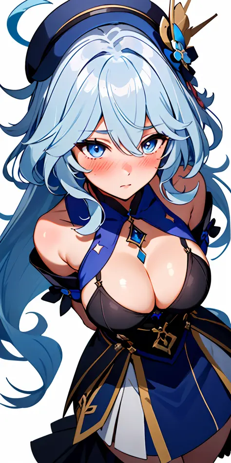 1girl, solo, focalors (genshin impact), focalors hat, , (from above view), (blushing:1.3), (round breasts:1.6), pov, masterpiece, highest quality, 8k, blue silver hair, sfw
