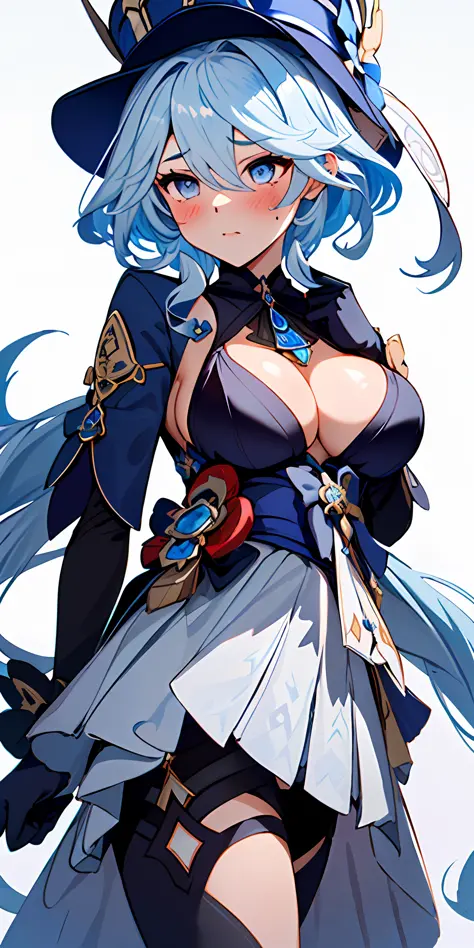 1girl, solo, focalors (genshin impact), focalors hat, , (from front view), (blushing:1.3), (pointed breasts:1.6), pov, masterpiece, highest quality, 8k, blue silver hair, sfwhand on chin, confident look, fontain (genshin impact) background