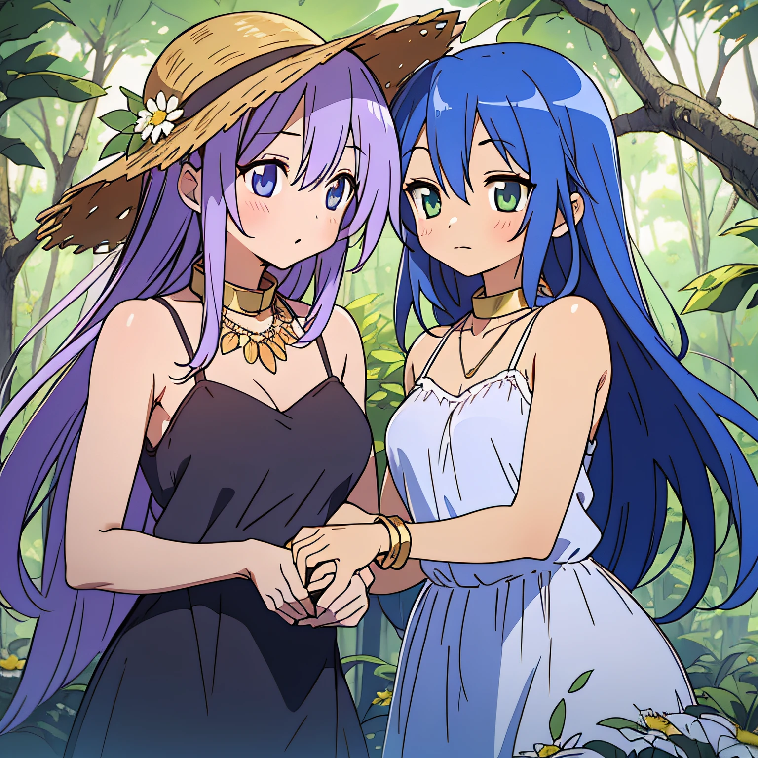 Two anime girls in a forest with a straw hat - SeaArt AI