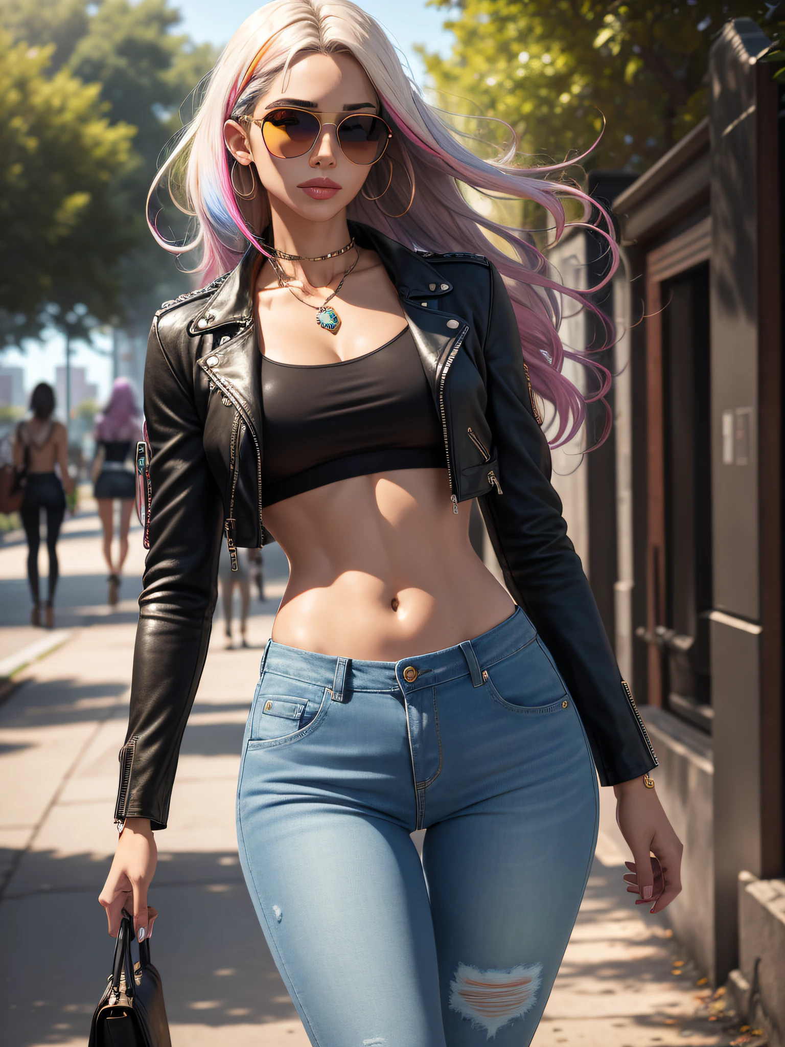 photorealistic, ultra realistic,3D, artstation, cgsociety, 8 k,
award winning photography of a beautiful woman walking at  the park, (fashion), (multi color hair:1.2), cheekbones, detailed face, Bejeweled,  a nice long leather jacket, torn jeans, topless, (exquisitely detailed skin, perfect anatomy, wide hips, smooth midriff, thigh gap), sunglasses
colorful, vibrant